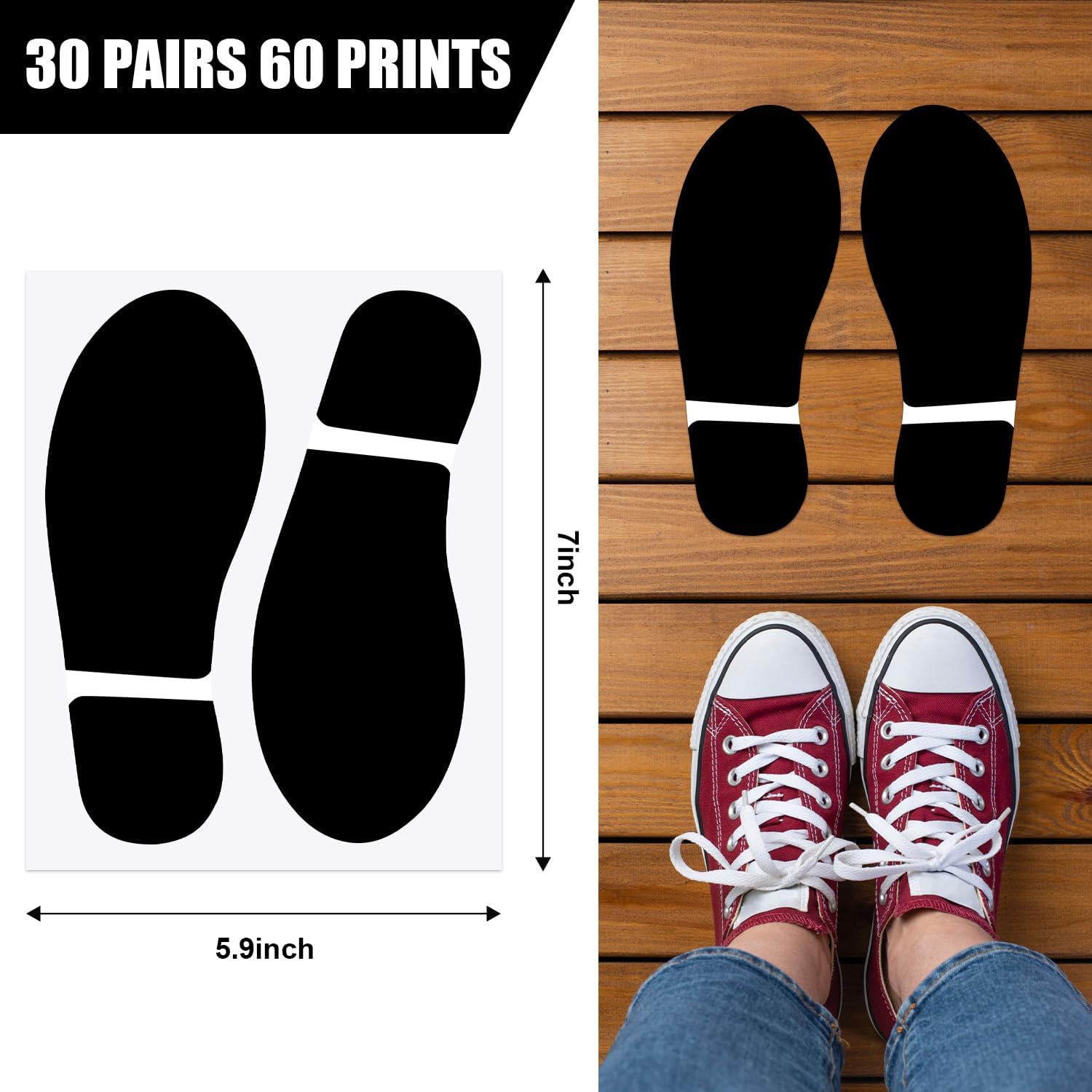30 Pairs 60 Pcs Black Footprints 7 Inch Shoe Stickers Floor Stickers Decals Feet Distance Floor Wall Stairs for Class Instruction Sign Party Decor Guide