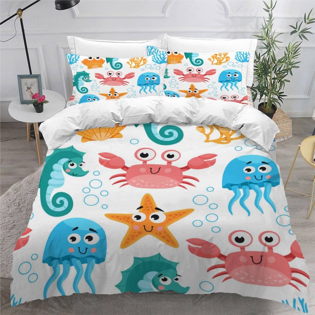 VASENA Duvet Cover King Size 3d Printed Adults Teenager Microfiber Fluffy Kingsize Bedding Aquatic Creatures Cute Cartoon Comforter Cover King Size with Pillowcases（230x220）