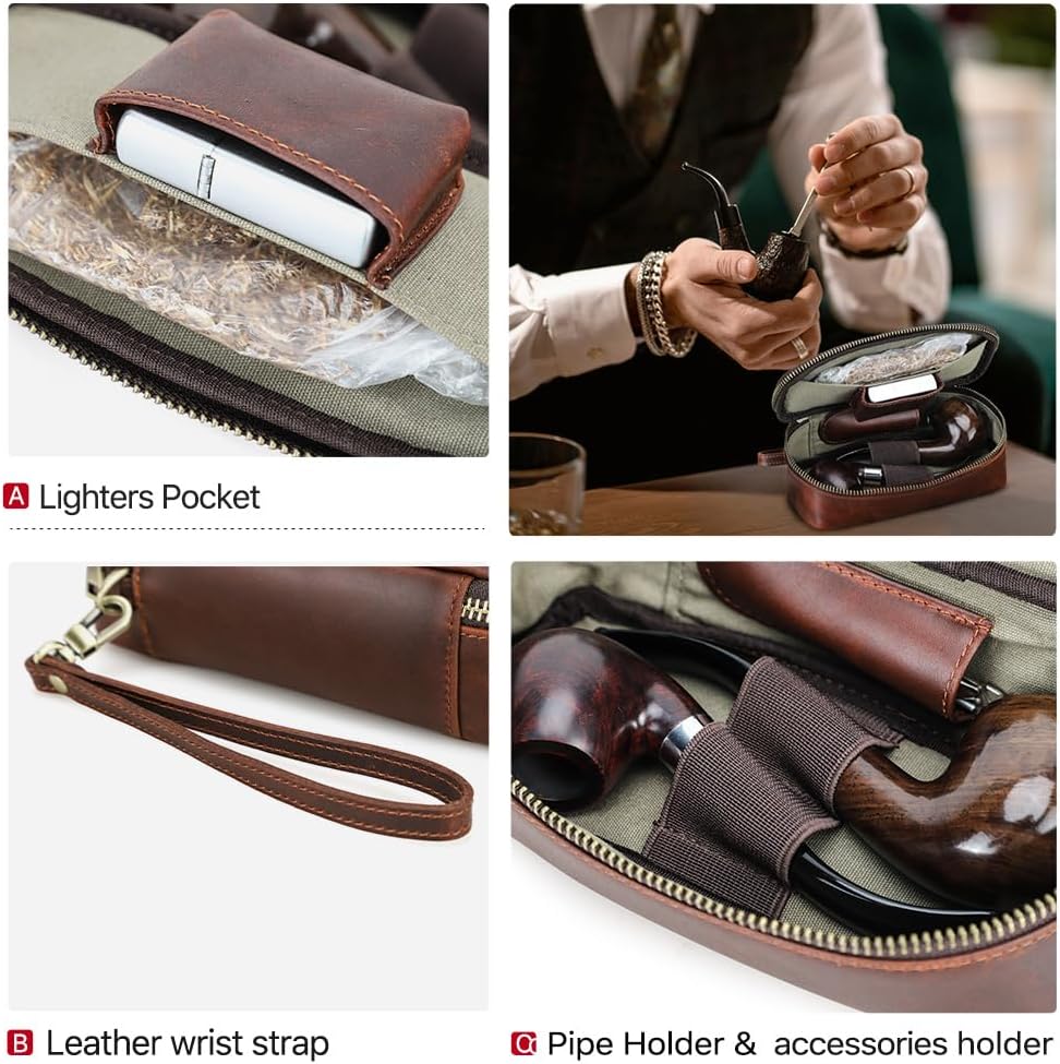 Hiram Handcrafted Leather Small Pipe Tobacco Pouch Travel Smoking Pipe Organizer Portable Accessories Lighter Holder Tobacco Pipes Case for 2 Pipes