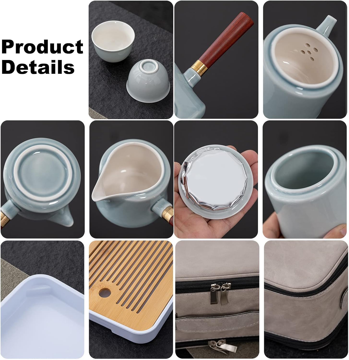 DUEBEL Chinese Tea Pot Cup Set with Tray - Travel Ceramic Tea set Porcelain Teapot, Portable All in One Gift Bag for Outdoor Picnic Business Hotel (Green)