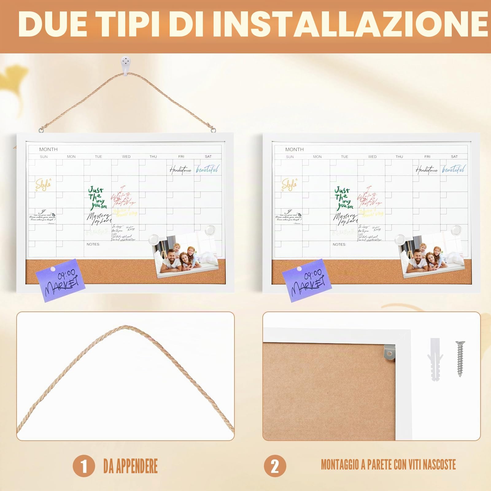 Lavagna bianca e lavagna in sughero magnetica 43 x 33 cm Calendario cancellabile a secco con cornice bianca, lavagna bianca 2 in 1 in sughero, pianificatore da cucina e ufficio