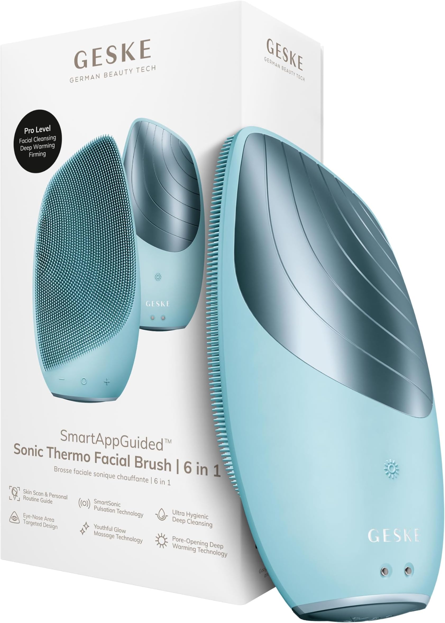GESKE SmartAppGuided Sonic Thermo Facial Brush | 6 in 1 | Skin Cleansing | Cleansing Brush with Thermal Function | Electric Facial Massager