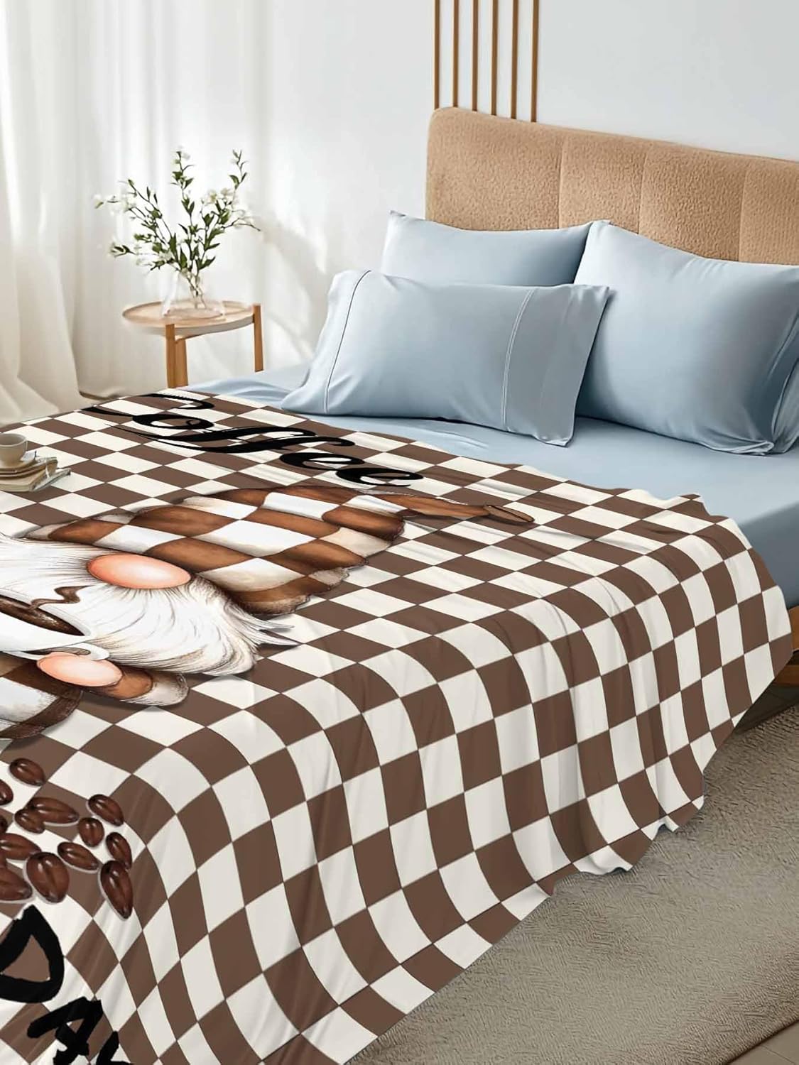 Top Sheet Queen Bedding Flat Sheet Only, Gnome Coffee Beans Microfiber Bed Sheets Soft Breathable Bedding Flat Sheets, Classic Brown Buffalo Plaid Hotel Luxury Top Sheets