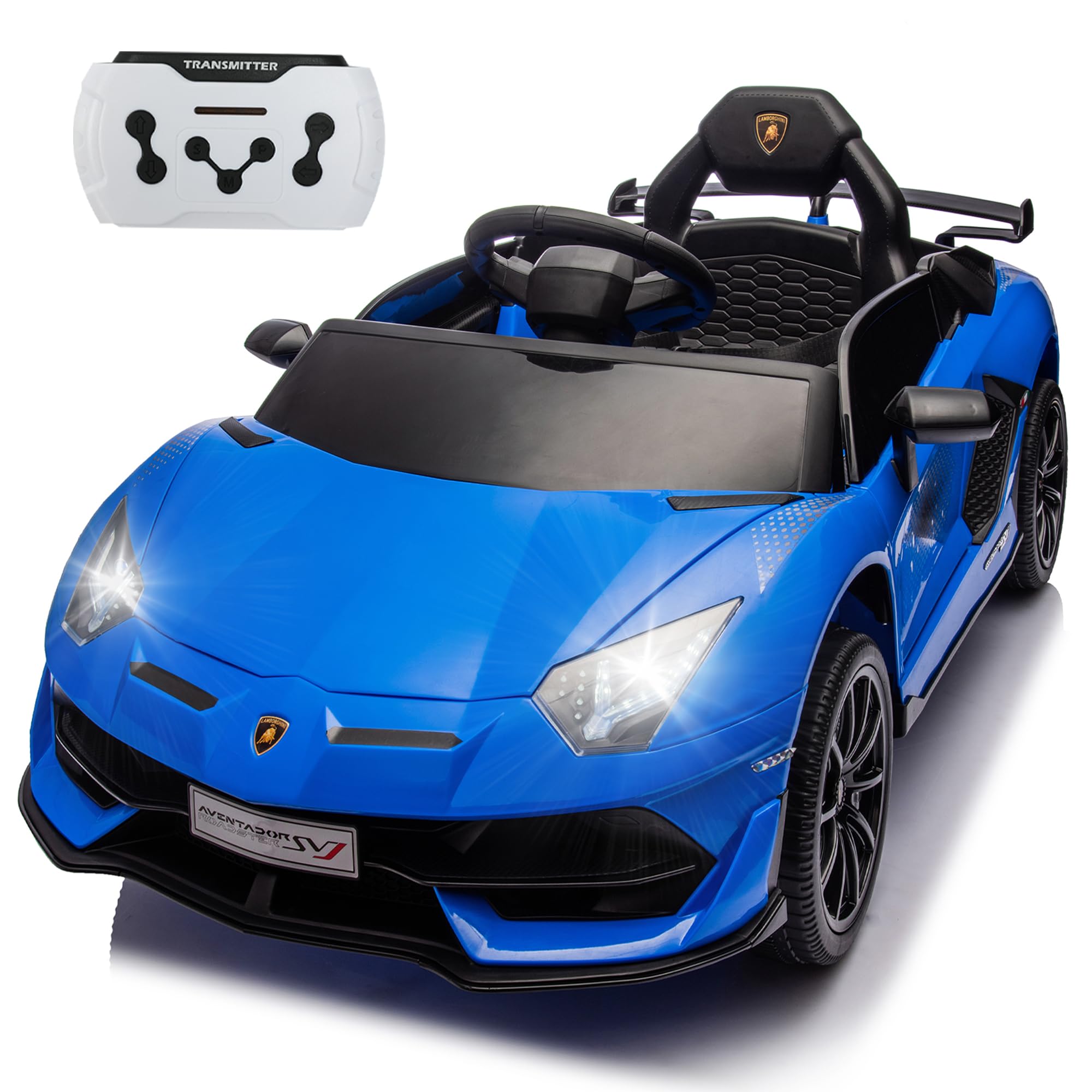 Elevon 12V Motor Kids Ride On Car, Lamborghini Electric Vehicles Power with Parent Remote Control, LED Lights, Sound System, Blueteeth, Hydraulic Doors for Kids, Blue
