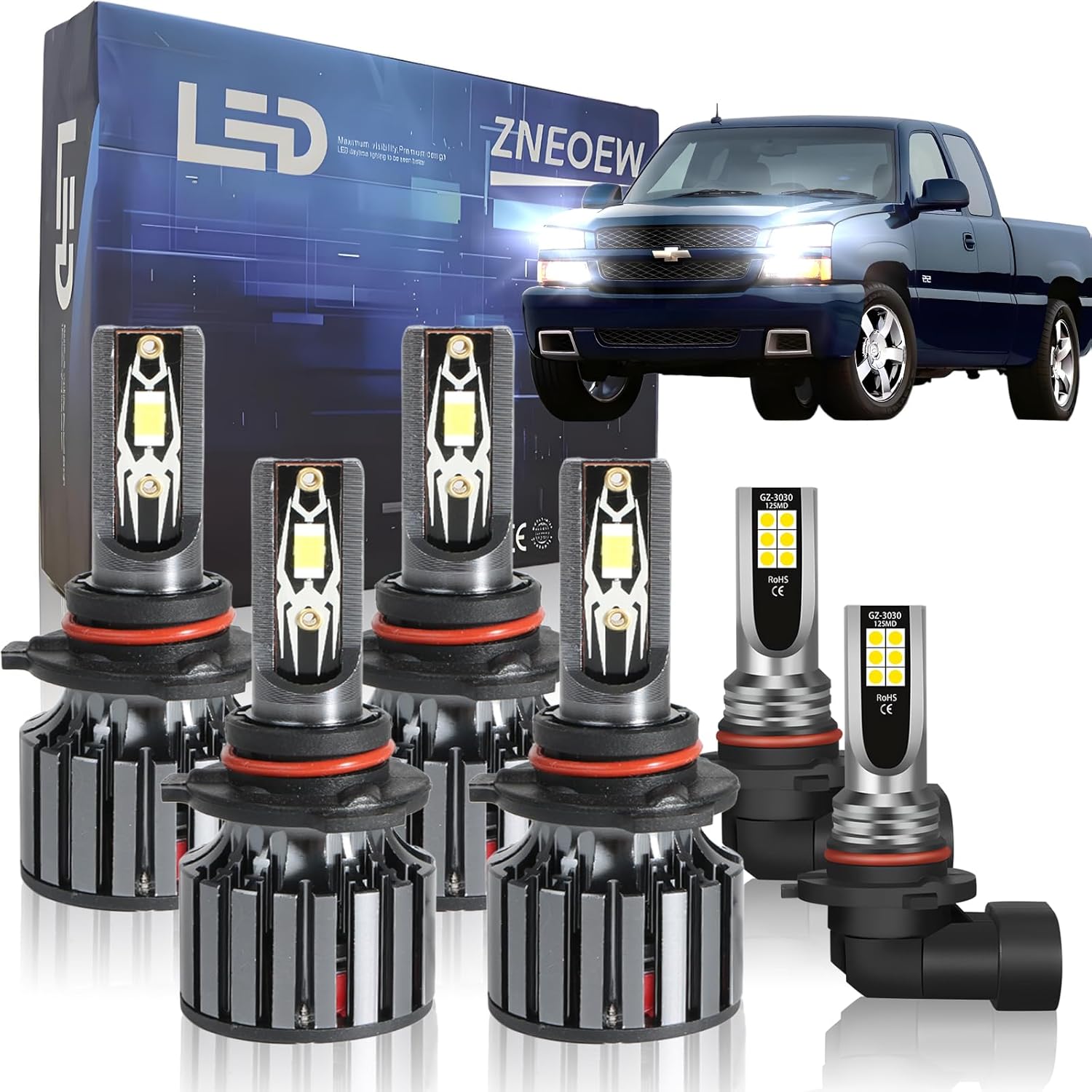 Fits for 2003 2004 2005 2006 Chevy Silverado 1500 2500 3500HD High Low Beam Fog Lights Bulbs Combo, 9005 9006 9145/H10 6000K White Plug-and-Play 500% Super Bright Light Bulbs, Pack of 6