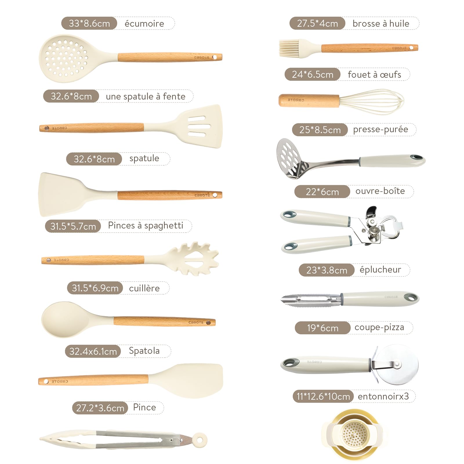 CAROTE Set de 16 Ustensiles de Cuisine Silicone Résistant à la Chaleur, Antiadhésive Anti-Rayures Cuisine Accessoires, Poignée anti-casse, Sans BPA, pour Toute la Famille