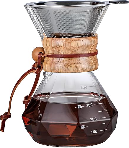 COFISUKI Cafetera vertida con filtro de goteo de acero inoxidable reutilizable, jarra de café de vidrio de borosilicato sin plomo con collar de