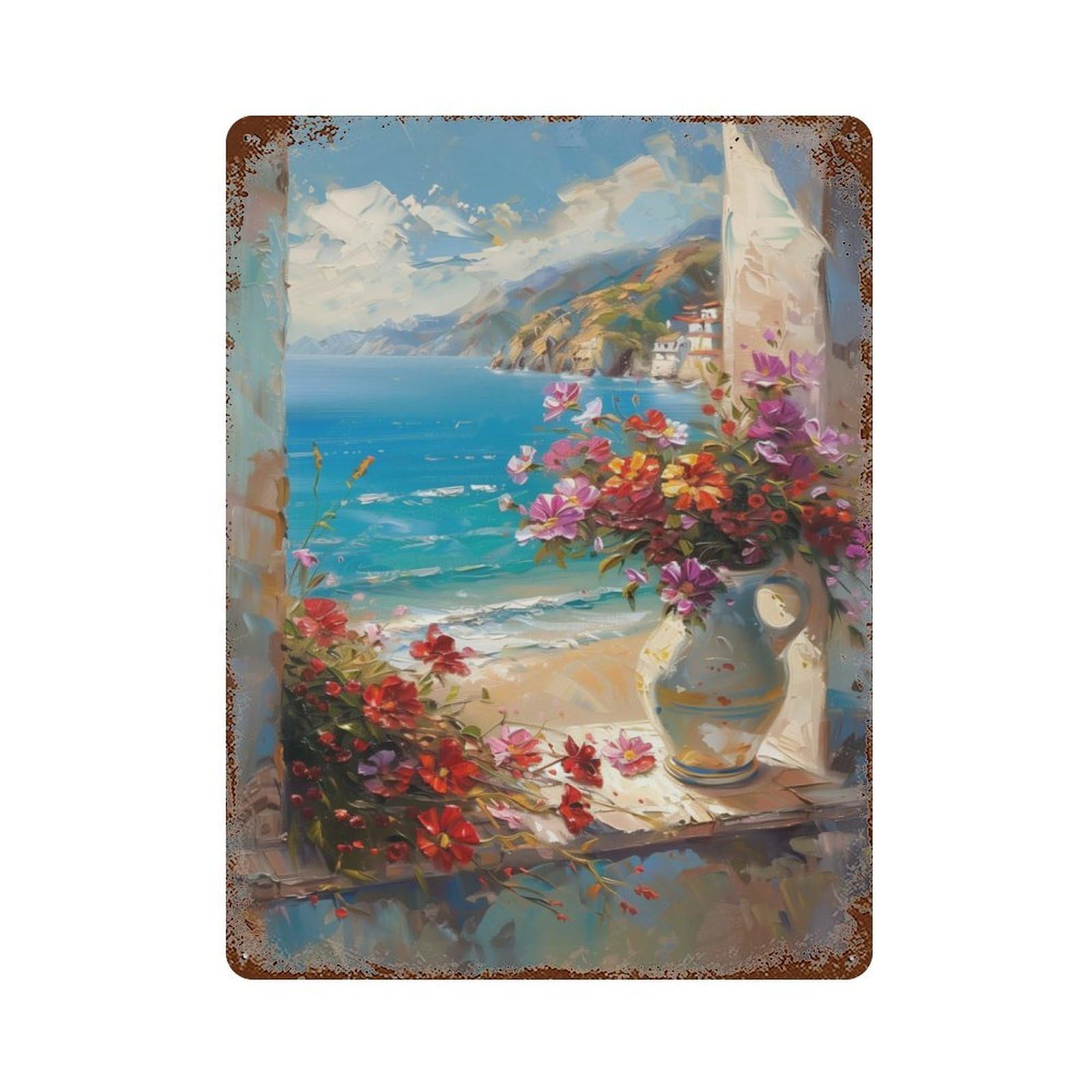 Rust Effect Seaside Serenity Rusty Metal Tin Sign 15.7"x11.8", Farmhouse Wall Decor for Shed, Workshop And Garage Wall Decor