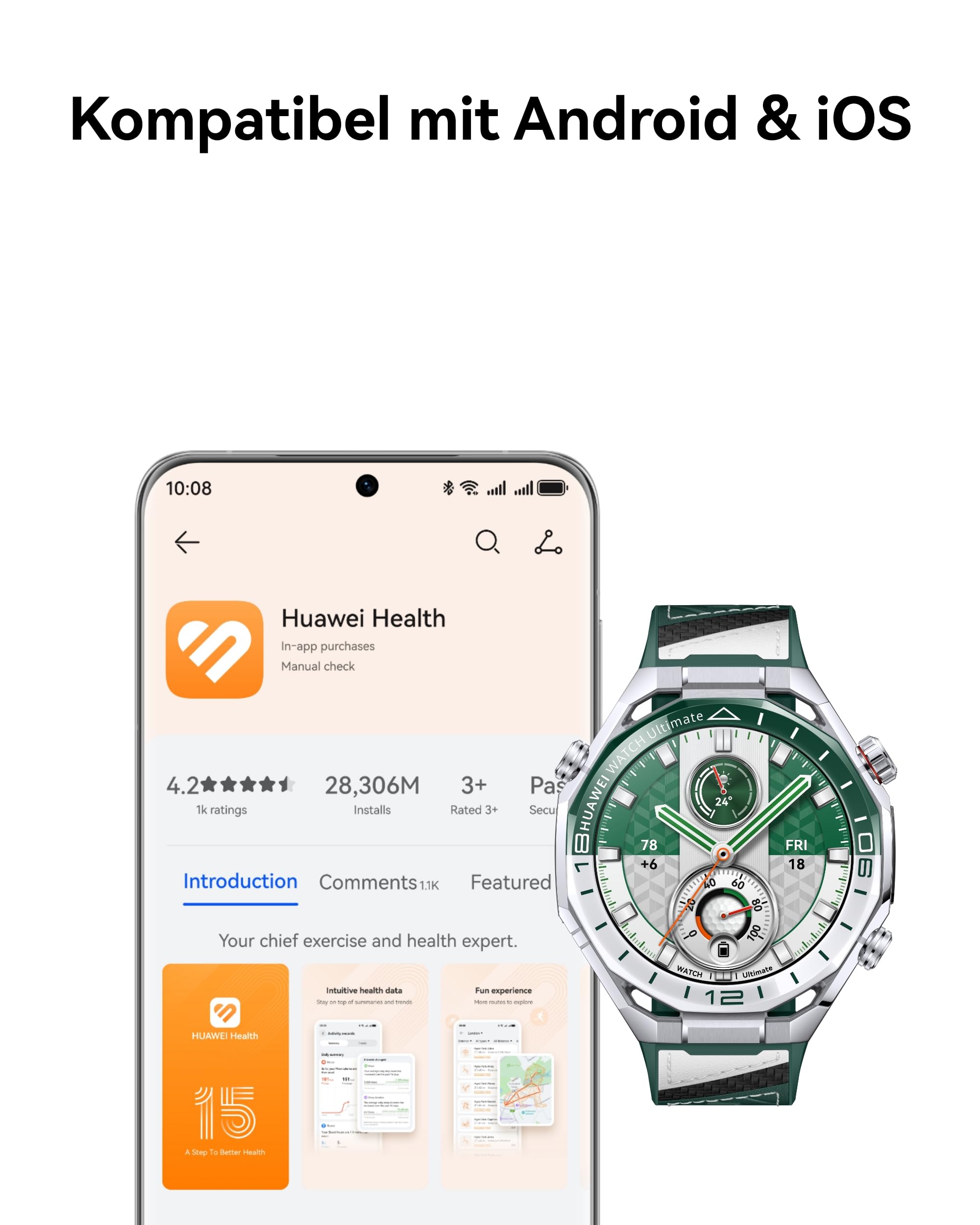HUAWEI Watch Ultimate 2 Smartwatch, Grün | Profi-Golf, 150m Tauchen, Sonar-Unterwasserkommunikation, X-TAP, eSIM-Anrufe ohne Handy, Dual-GPS, für iOS/Android