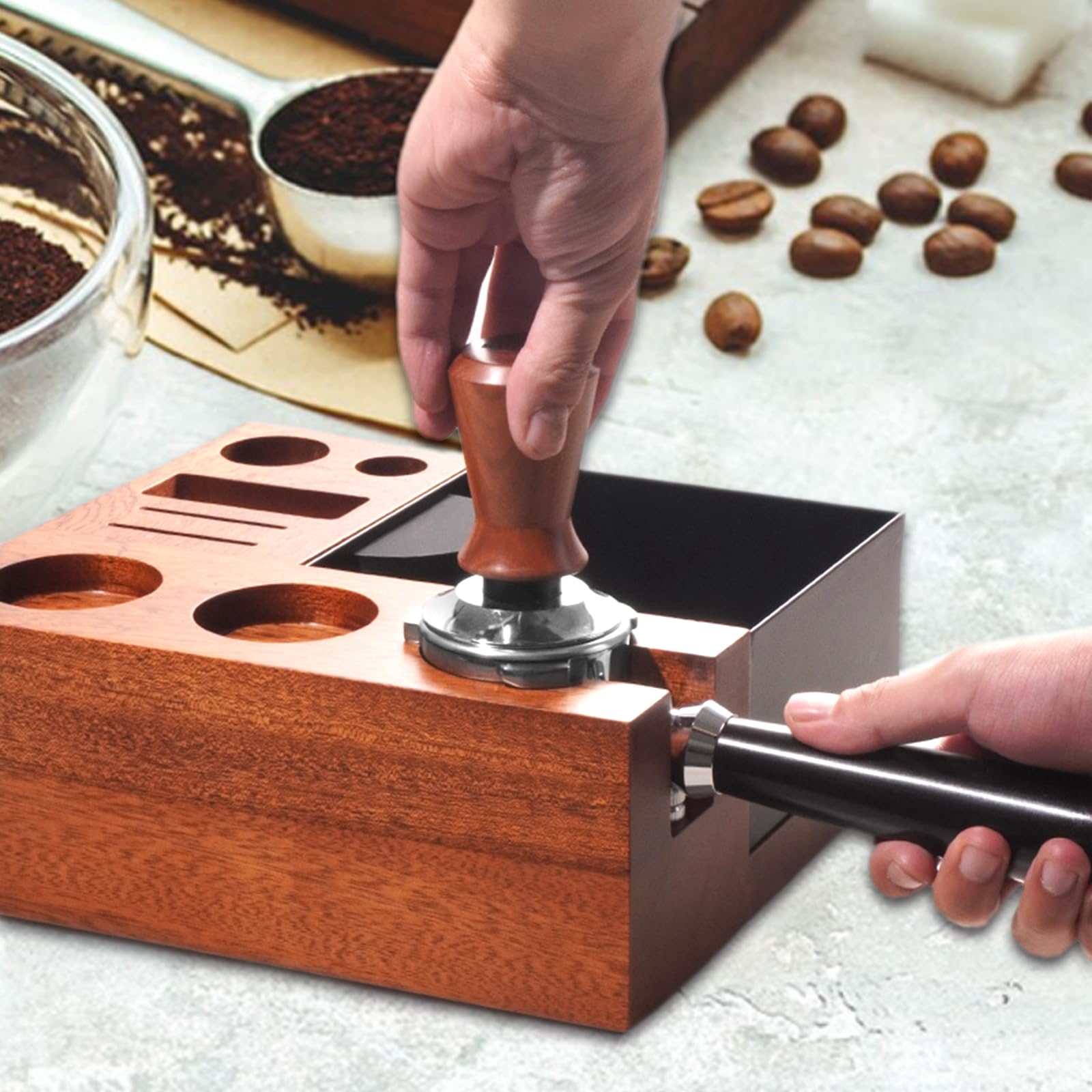Stazione di pressatura del caffè in legno con Knock Box 58 mm Tamper Station per accessori