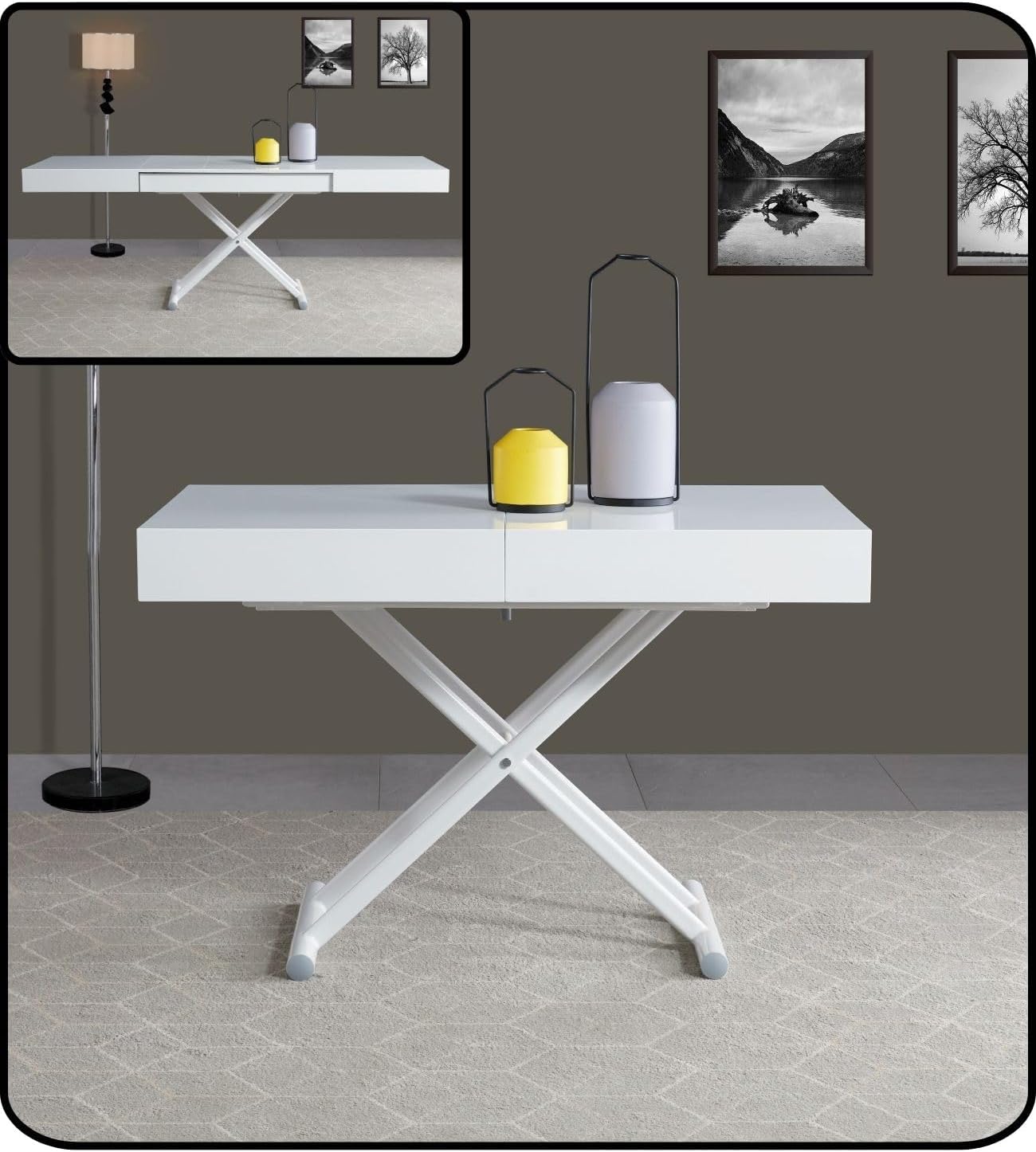 VOLERO' ; Table Lift-top Coffee to Dining Table,Transformable Space-Saving Table, Achille Large Model, Sliding Mechanism with Millimeter Height Adjustment (Lacquered White, White Legs)