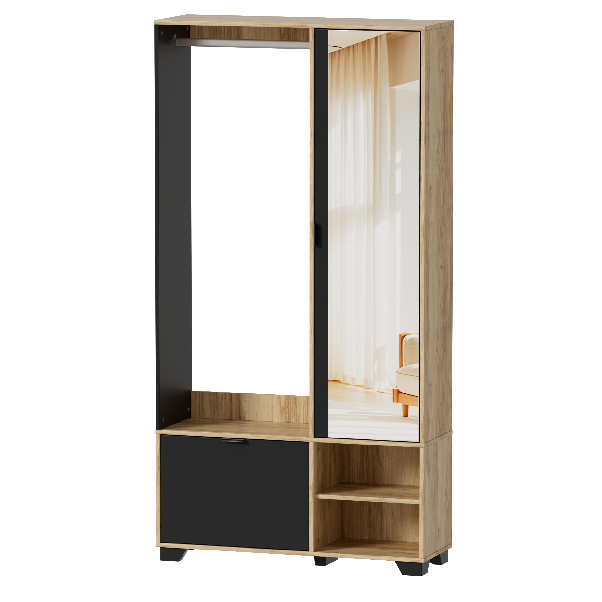 MSFE Armario Entrada con 144cm Espejo, Conjunto de Armario/Perchero con Barra, Zapatero y Compartimentos,Juego de Perchero,Mueble de entrad,No es Necesario Hacer Agujeros,100L x 33W x 190Hcm