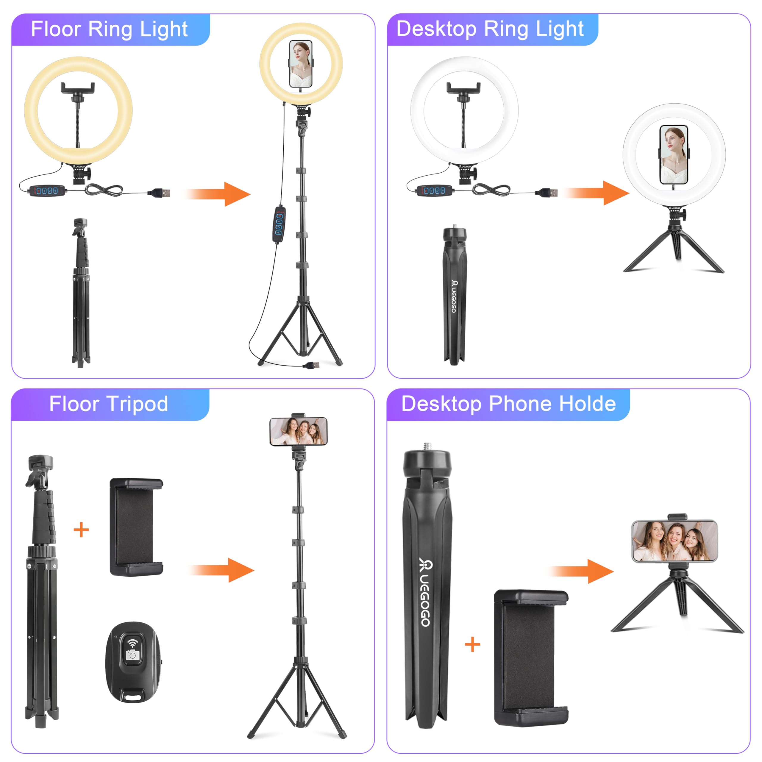 UEGOGO Luce ad anello da 25,4 cm con treppiede da 182 cm e supporto per telefono, 38 modalità di colore, dimmerabile, luce ad anello a LED per live streaming, YouTube, trucco, TikTok