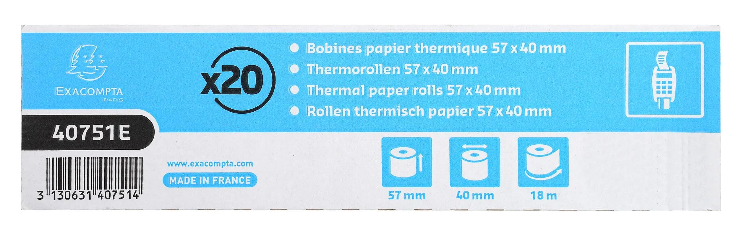 Exacompta - Réf. 40751E - Carton de 120 bobines pour tickets de carte bancaire - largeur 57mm x diamètre 40mm - mandrin 12mm - 1 pli thermique 55g/m² sans BpA - Métrage (+ ou - 2m) : 18 m - Blanc