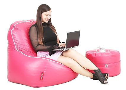 Couchette Faux Leather XXXL Lounge Chair Luxury Bean Bag Cover with Footrest, without Beans, Pink (without Fillers)