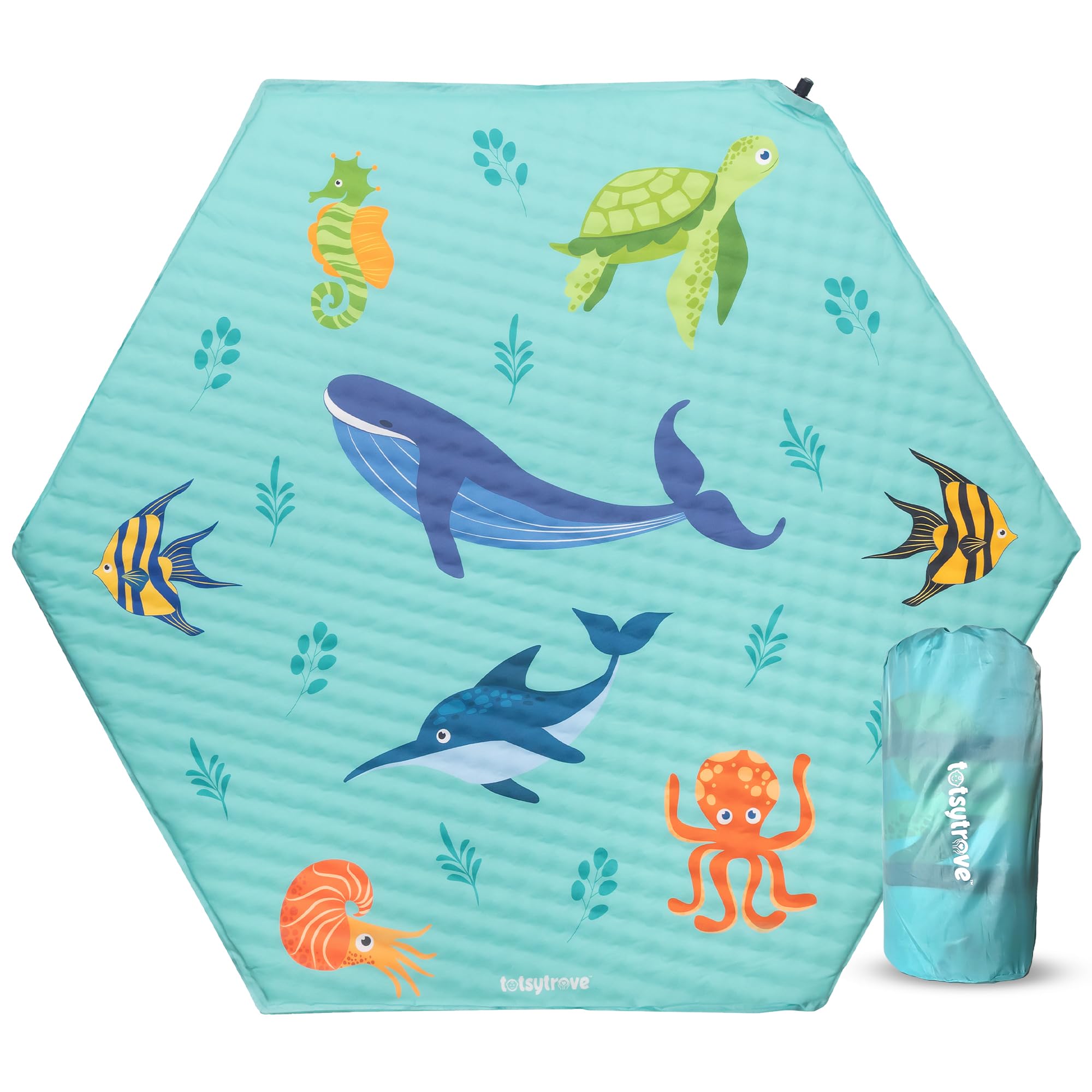 Self Inflating Hexagon Playpen Mat - 52" x 45" Non-Slip Cushioned Portable Play Area - Thick Soft Baby Play Mats for Floor - Easy Care Playmat for Infants and Toddlers - Baby Crawling Mat - Marina