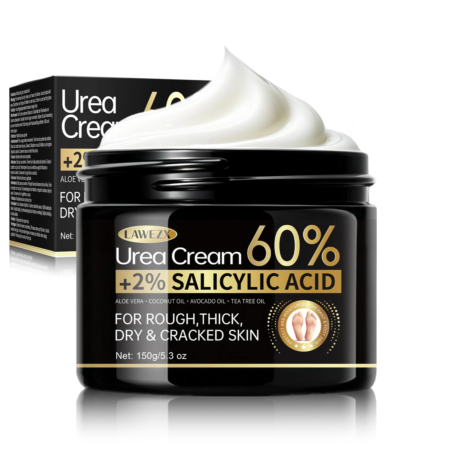 LAWEZX Urea Creme 60 Prozent für Füße und Hände, 150g Urea-Creme plus 2% Salicylsäure - Reparaturcreme für Raue, Trockene und Rissige Haut, Hornhautentferner, Intensive Feuchtigkeit, Maximale Stärke