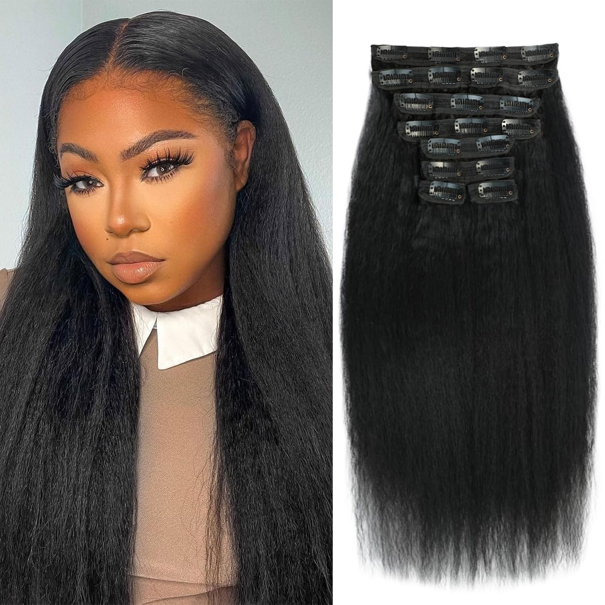 Kinky Straight Clip in Hair Extensions - Real Human Hair Clip ins 22 inch Unprocessed Brazilian Virgin Hair Clip on Hair Extensions - Kinky Straight