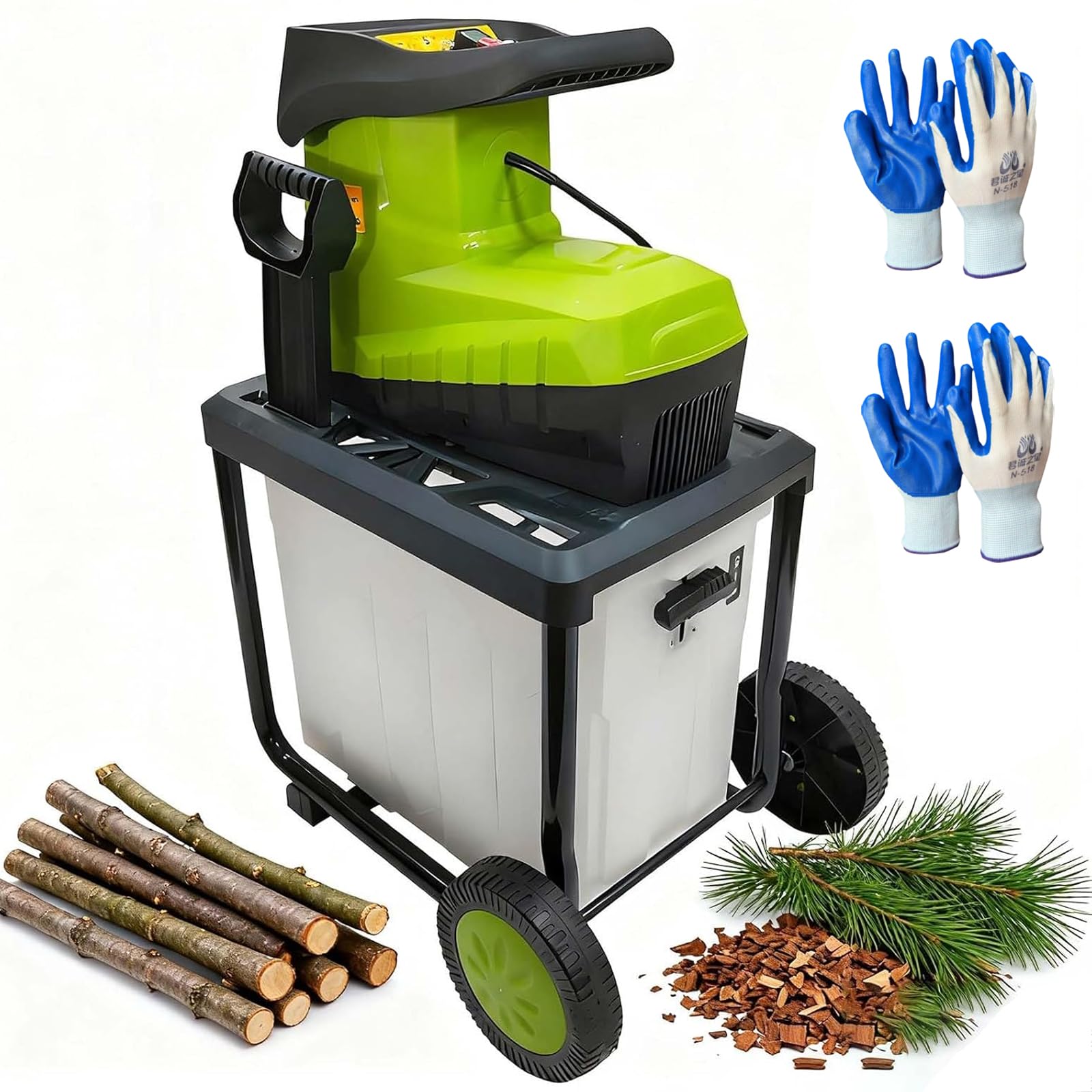 Trituradora De Jardín Eléctrica 2800W, Capacidad De Corte 45mm, Astilladora Con Contenedor Extraíble 60L, Cuchillas De Acero Reversibles, Trituradora Silenciosa Para Compost & Paisajismo