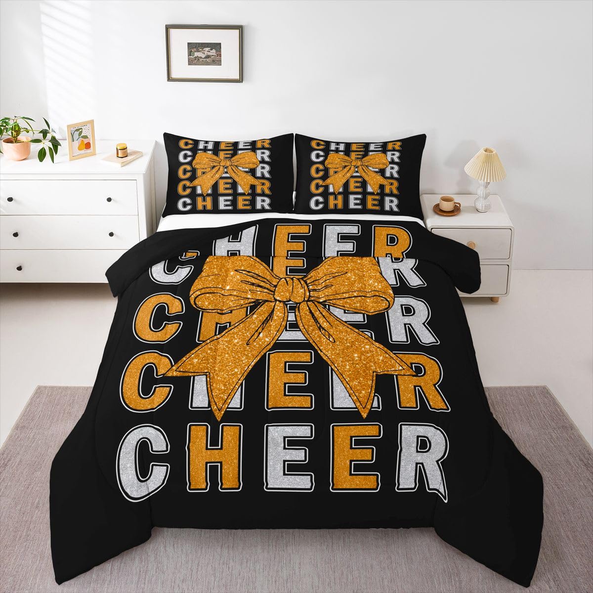 Feelyou Bowknot Cheer Kids Comforter Set Full Size Cheerleading Bedding Set Glitter Cheerleader Duvet Quilt for Kids Boys Girls Bedroom Cheer Bow Decor Microfiber Ultra Soft Breathable