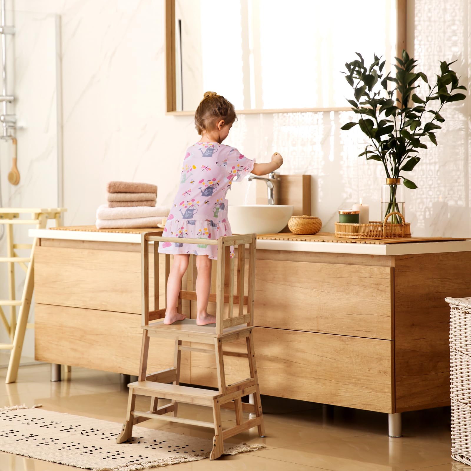 COSYLAND Torre de Aprendizaje Desde 18 Meses - Torre Aprendizaje para Niños - Protección Antivuelco y Barra de Seguridad - para Baño, Habitación Infantil y Cocina - Color Bambú