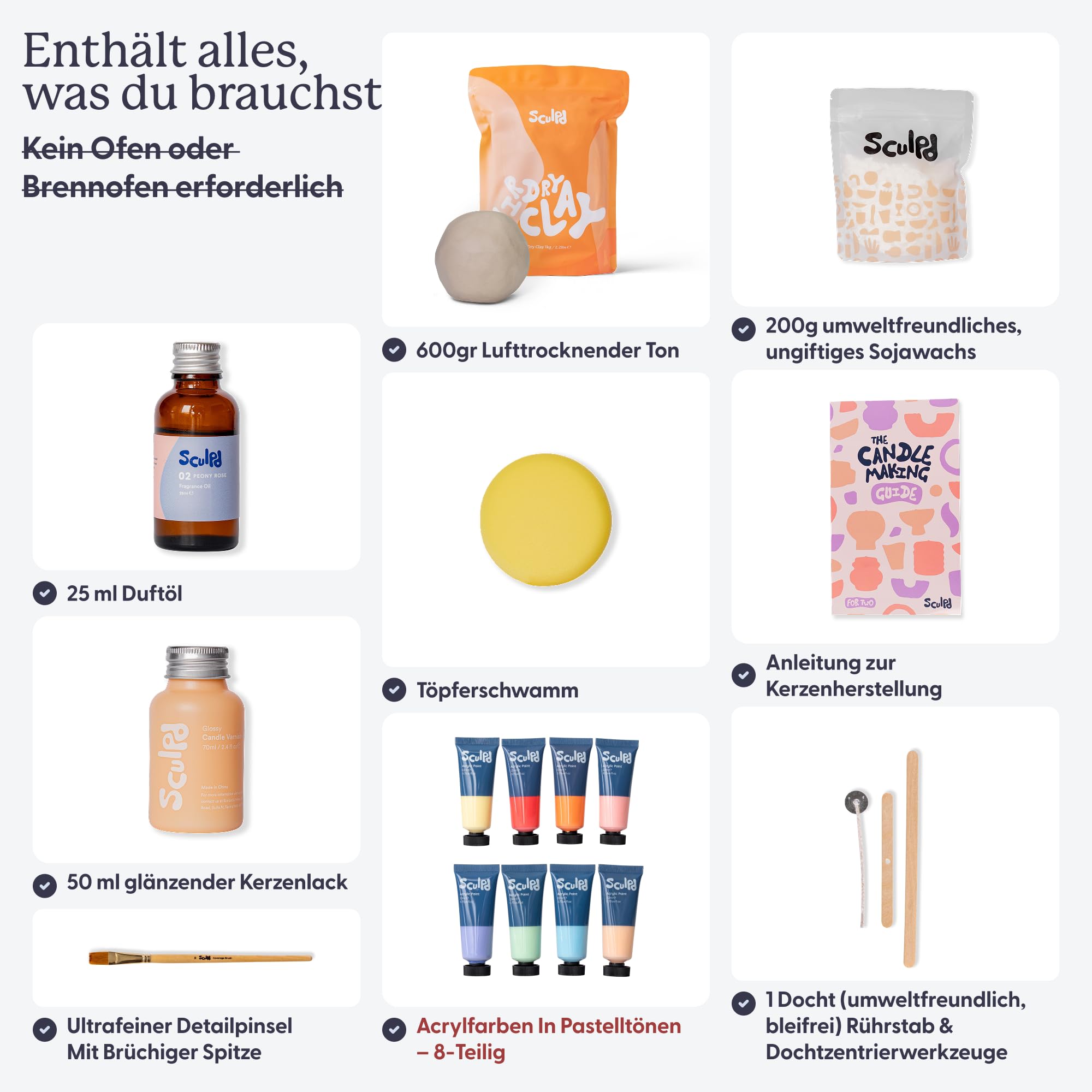 Sculpd Töpferei-Kit zur Kerzenherstellung für Erwachsene mit lufttrocknendem Ton und Acrylfarben-Set, ungiftiges Öko-Soja-Wachs, duftendes Duftöl, Kerzenglasur, Werkzeuge & Anleitung, 1 Kerze