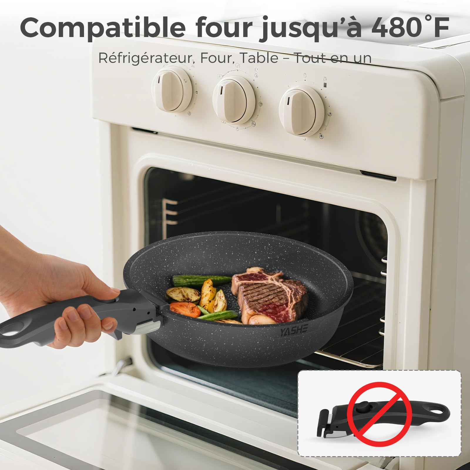 YASHE Batterie de Cuisine 9 Pièces, Set de Casseroles et Poêles Antiadhésives, Compatible Tous Feux dont Induction, Poignées Amovibles, Passe au Four, Design Empilable et Gain de Place, Grise