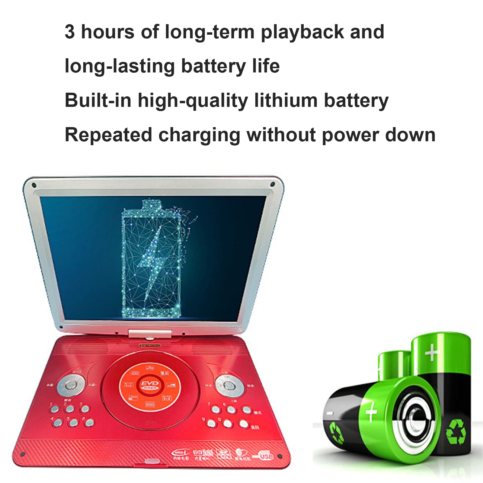 Lecteur DVD 3D Portable - Écran 14,1" avec 1280X800 Pixels - Batterie intégrée - Entrée USB - AV-entrée Sortie
