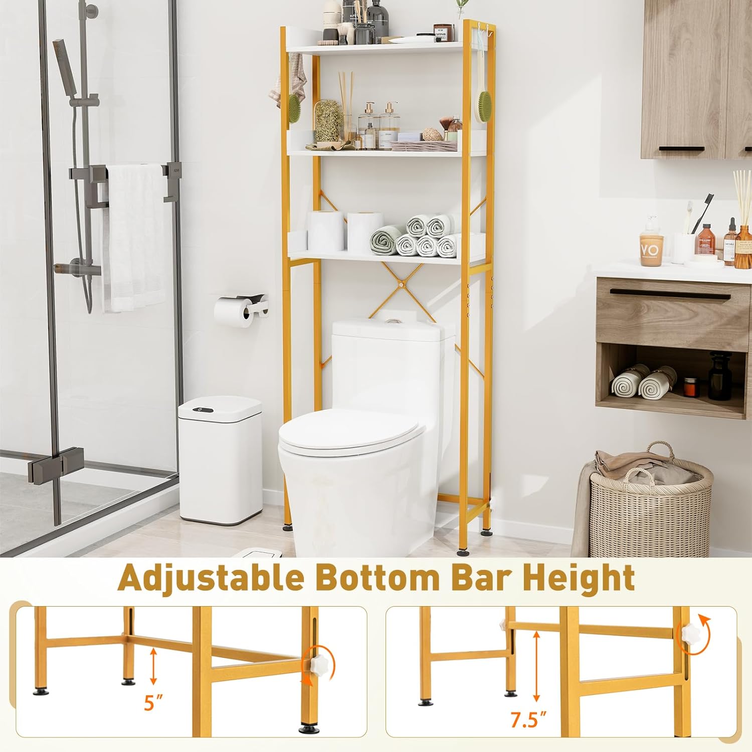 LOKO 3-Tier Over The Toilet Storage Rack, Bathroom Space Saver Shelf, Freestanding Above Toilet Organizer with 4 Hooks, Anti-Tipping Device, Metal Frame Toilet Rack for Balcony Laundry (White+Gold)