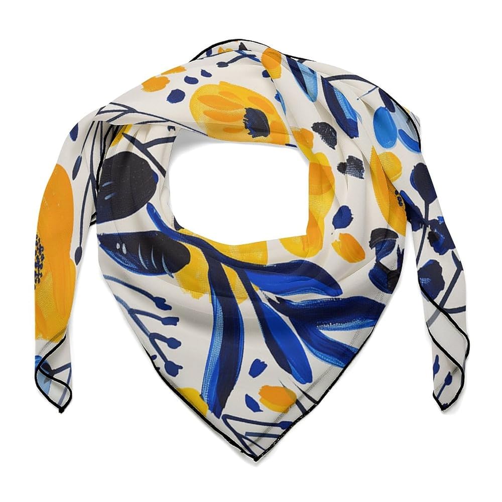 Multipurpose Silk Scarf, Yellow And Blue Flowers Print