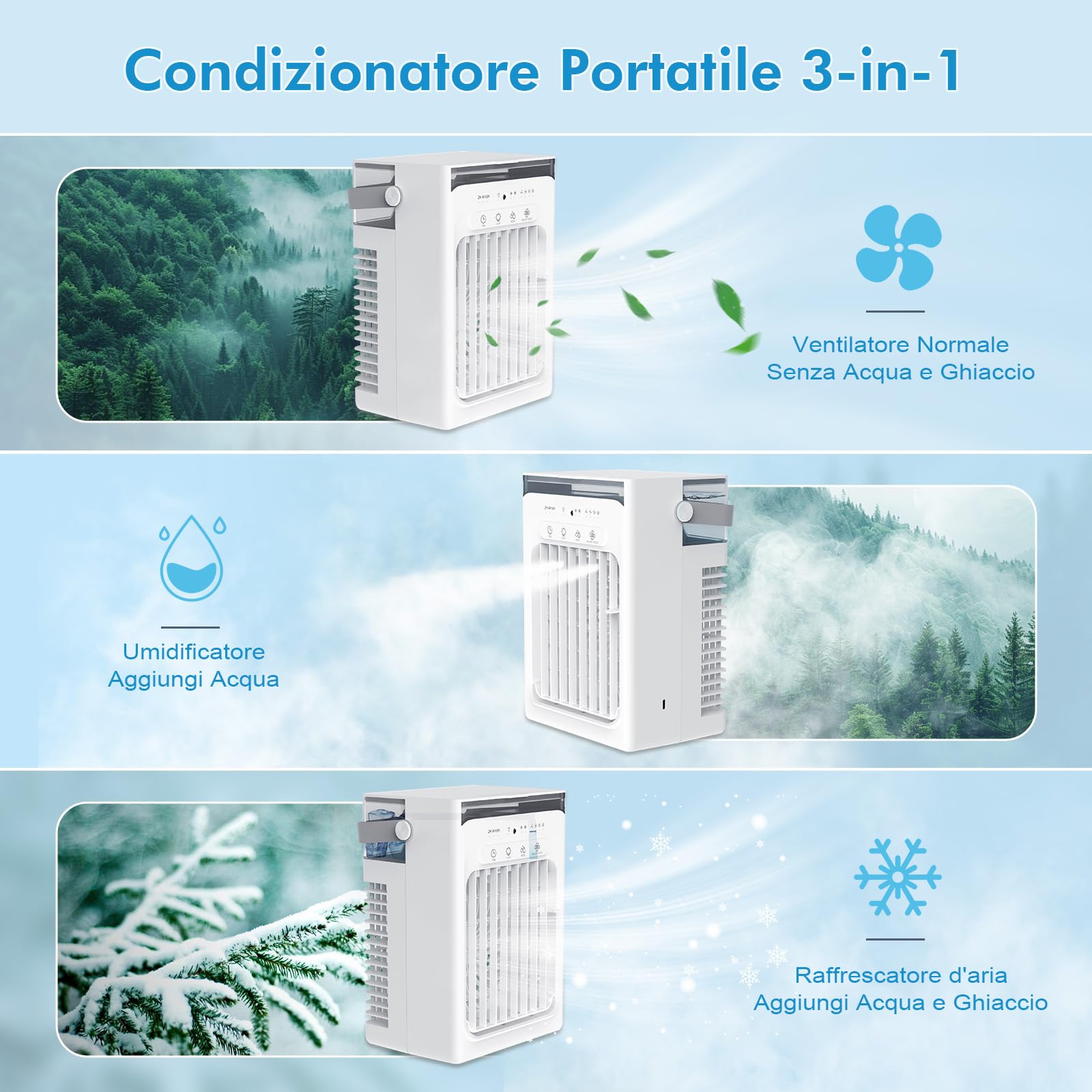 Mini Condizionatore Portatile 3-in-1, Serbatoio Acqua 1L, 4 Velocità Regolabili, 3 Timer, Luce RGB Integrata, Raffrescatore d'Aria Ultra Silenzioso con Telecomando per Casa Ufficio