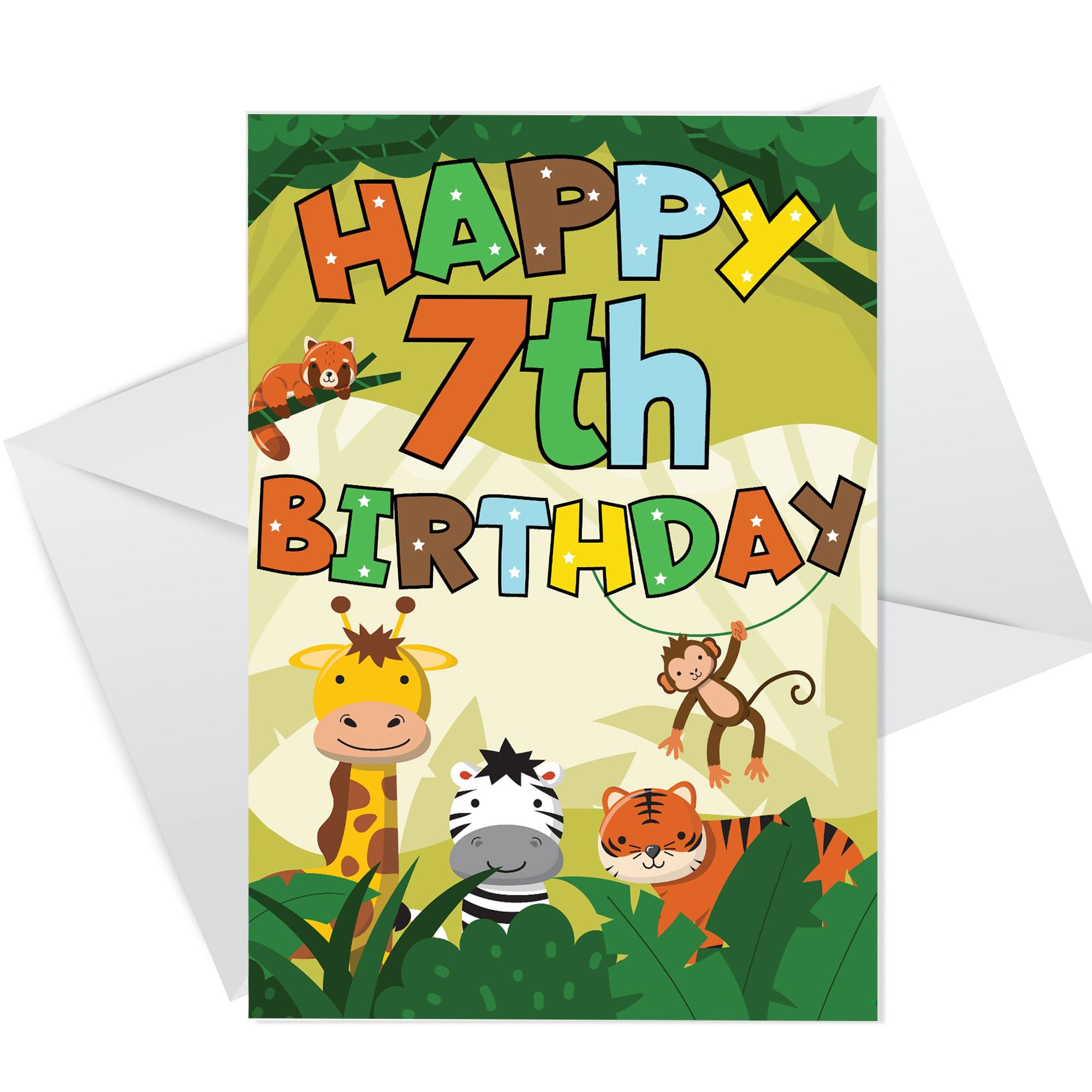 RED OCEAN 7th Birthday Jungle Animal Card for Boys - Happy Birthday Card 7 Year Old Boy, Seventh Birthday Cards for Grandson, Greeting Cards for Nephew Children Kids (7th Birthday Jungle Animals)