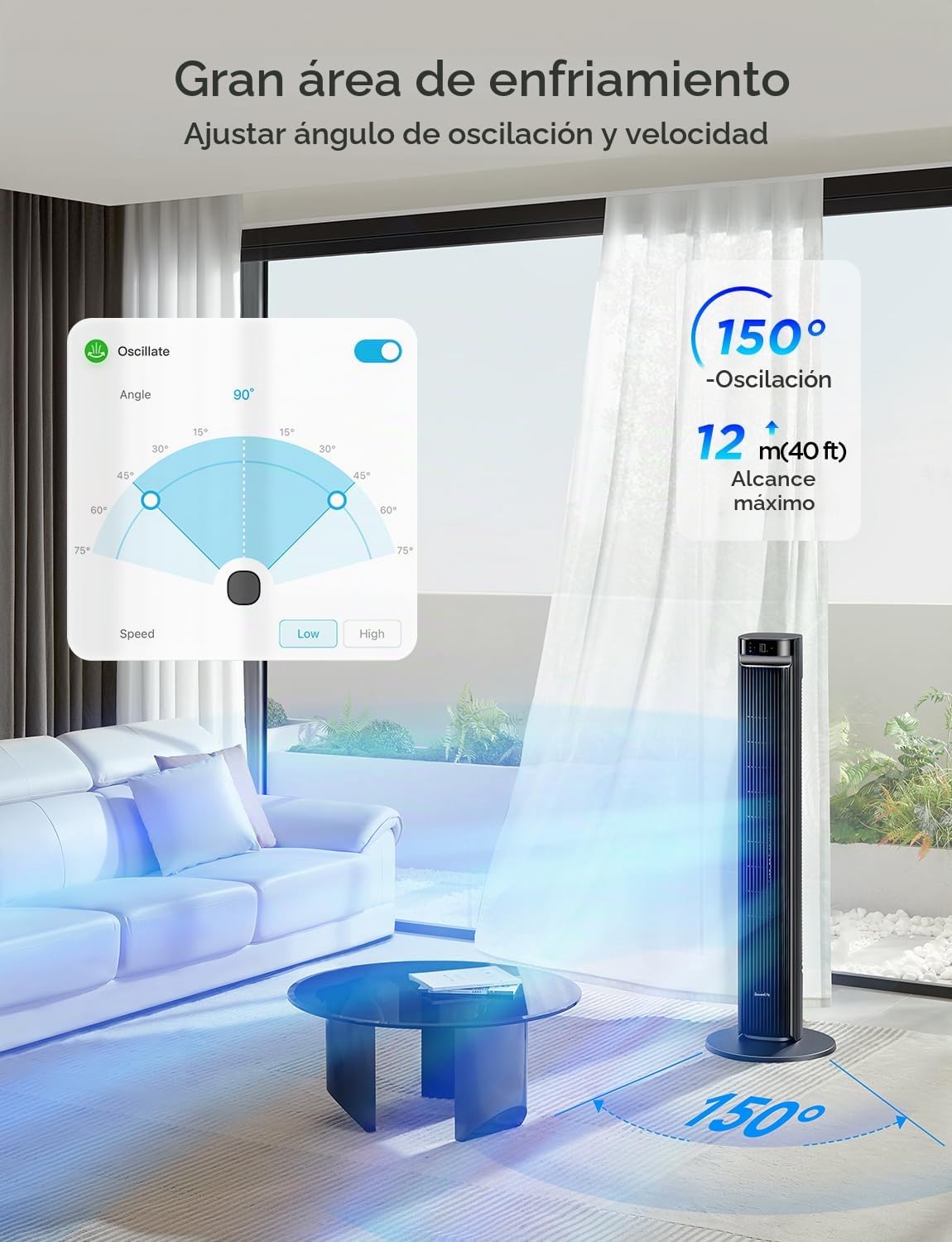 Ventilador silencioso GoveeLife, 12 velocidades de hasta 8 m/s, 5 modos, temporizador de 24 horas, ventilador de torre inteligente con oscilación de 150°, aplicación y control por voz para el hogar, c