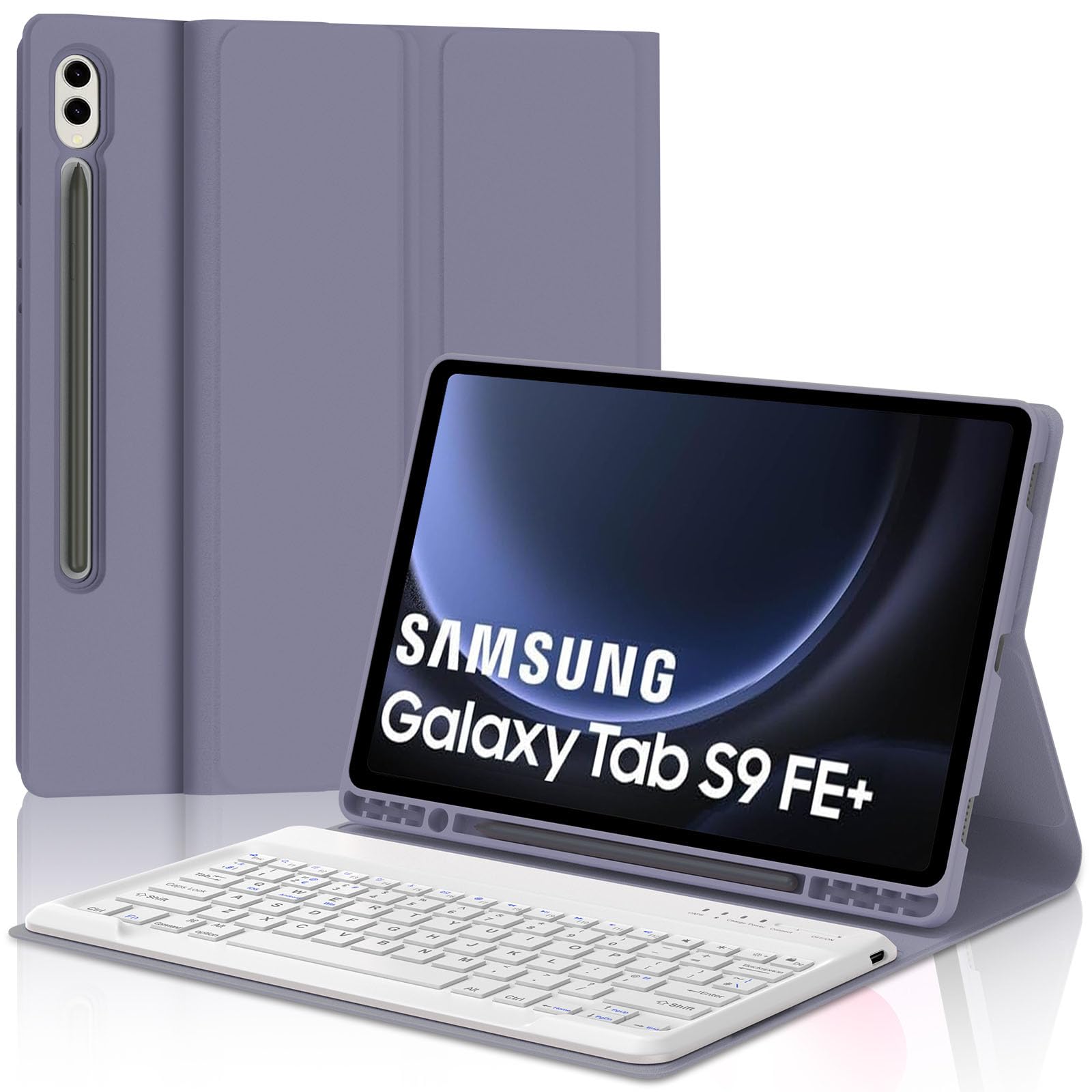 Keyboard Case for Samsung Galaxy Tab S9 FE Plus/S9 Plus 12.4 Inch- Case for Samsung Tab S9+ 12.4 Inch with UK Layout Keyboard, Detachable Wireless Keypad for Galaxy Tablet S9+, Purple