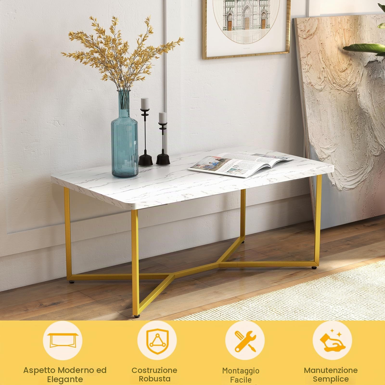LIFEZEAL Tavolino da Salotto, Oro Bianco, con Effetto di Marmo, Tavolino da Caffè, Tavolino Basso da Divano, Moderno, Telaio in Acciaio, Max 95 kg, per Soggiorno, Montaggio Semplice, 107x60x45,5 cm