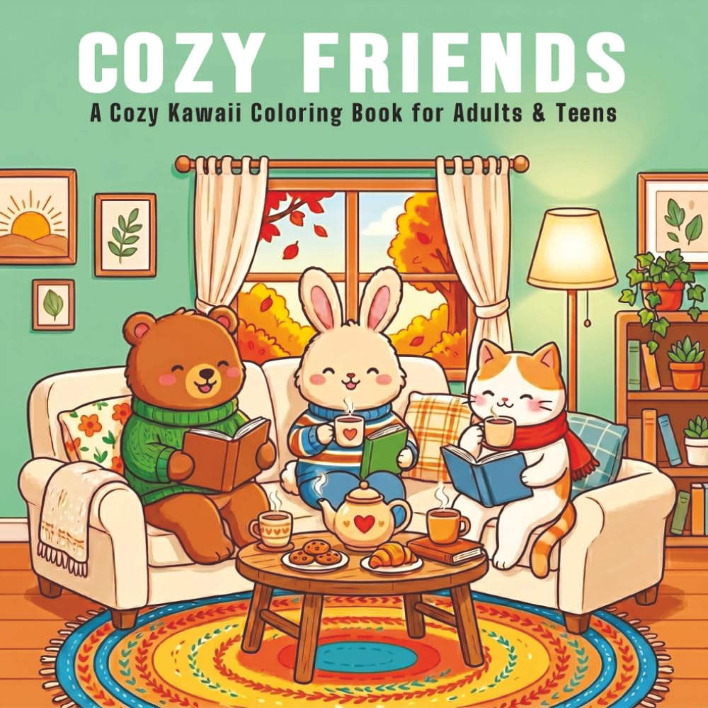 Cozy Friends, A Cozy Kawaii Coloring Book for Adults and Teens Featuring Adorable Animal Friends in Warm Everyday Moments for Relaxation & Stress Relief