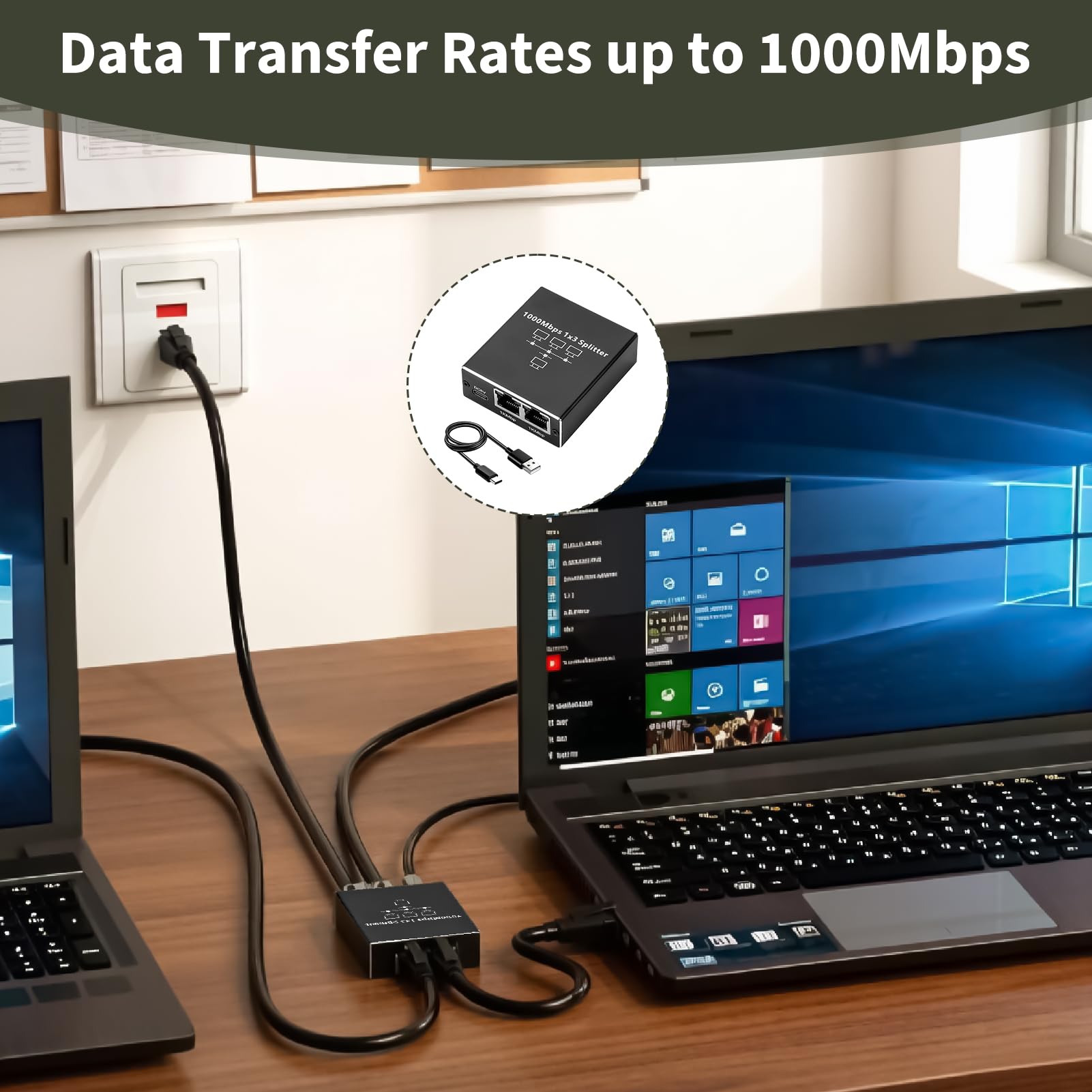 LAN Switch 1 Auf 3, LAN Splitter 1 Auf 3 Gigabit Ethernet Splitter 1000Mbit s, Netzwerk Verteiler mit USB C Stromkabel, Aluminium RJ45 Switch kompatibel mit Router PC TV Set Top Box Cat8 Cat7 Cat6