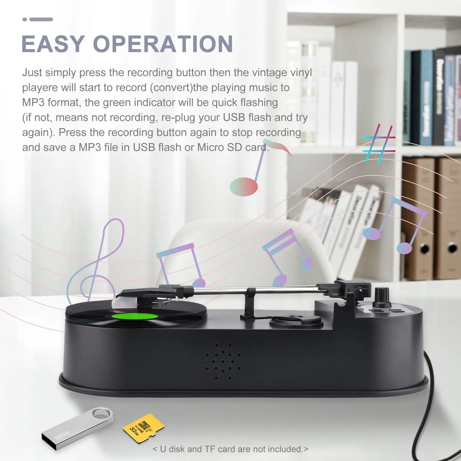 Mini giradischi con conversione MP3, slot per schede SD integrato per trasferimento da vinile a digitale 33/45 PRM, colore: nero (34 x 17 x 12 cm)