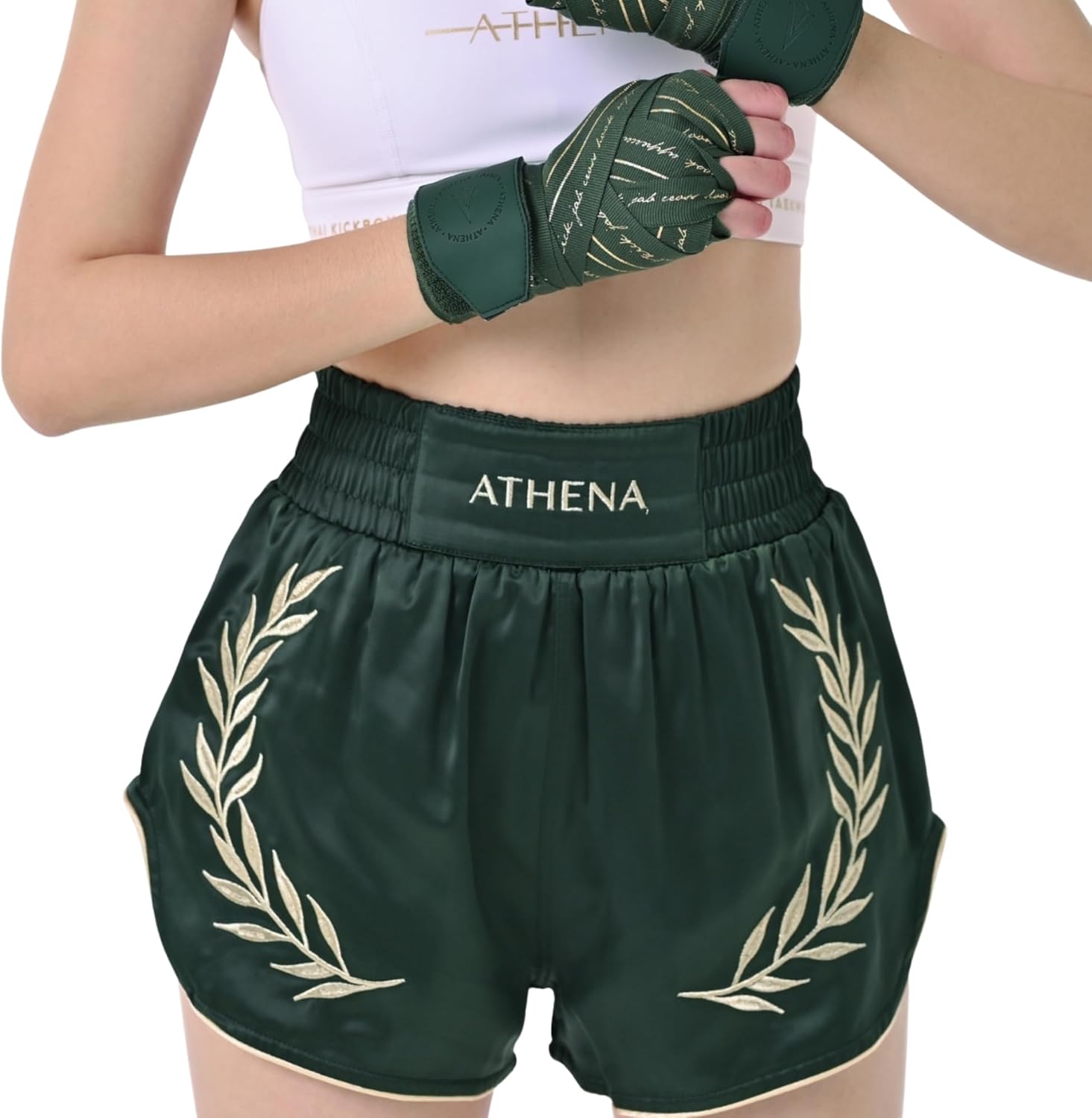 Women's Green & Gold Muay Thai Shorts Athena with Built-in Safety Compression Tights. Muay Thai Kickboxing Training