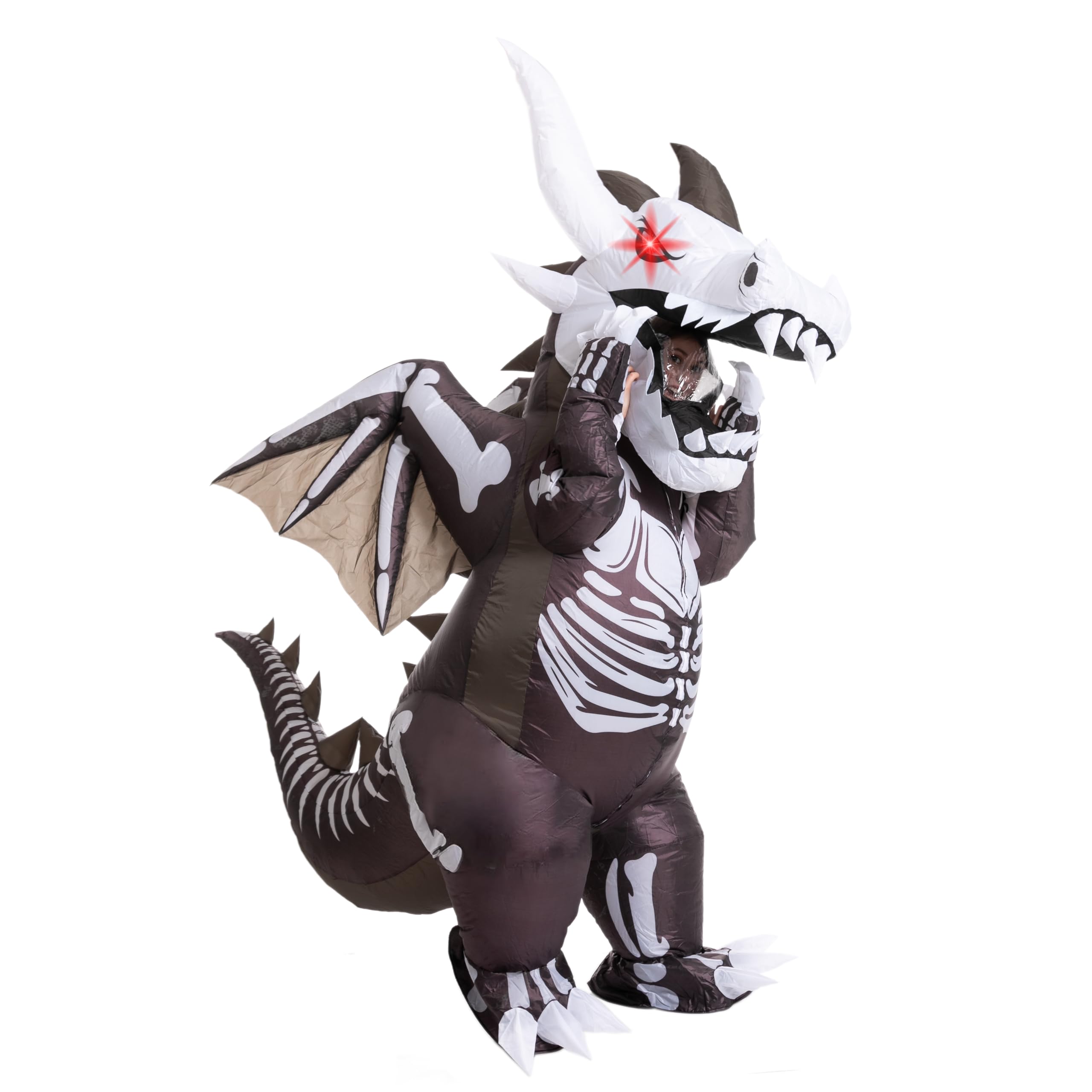 Spooktacular Creations Inflatable Costume for Adult, Dragon Skeleton Air Blow Up Costume, Full Body Costume with 3D Horns Wings for Halloween Costume Parties