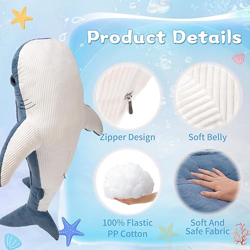 Miniatura 4 de Tezituor Peluche de tiburón ballena gigante de 51 pulgadas, almohada corporal grande de peluche de tiburón ballena azul de 4.3 pies para niñas