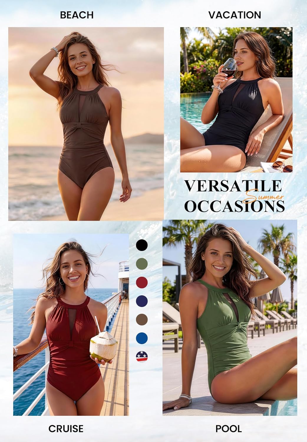 Zando 2026 Womens One Piece Swimsuits Tummy Control - High Neck Deep U-Back & Mesh Detail Bathing Suit