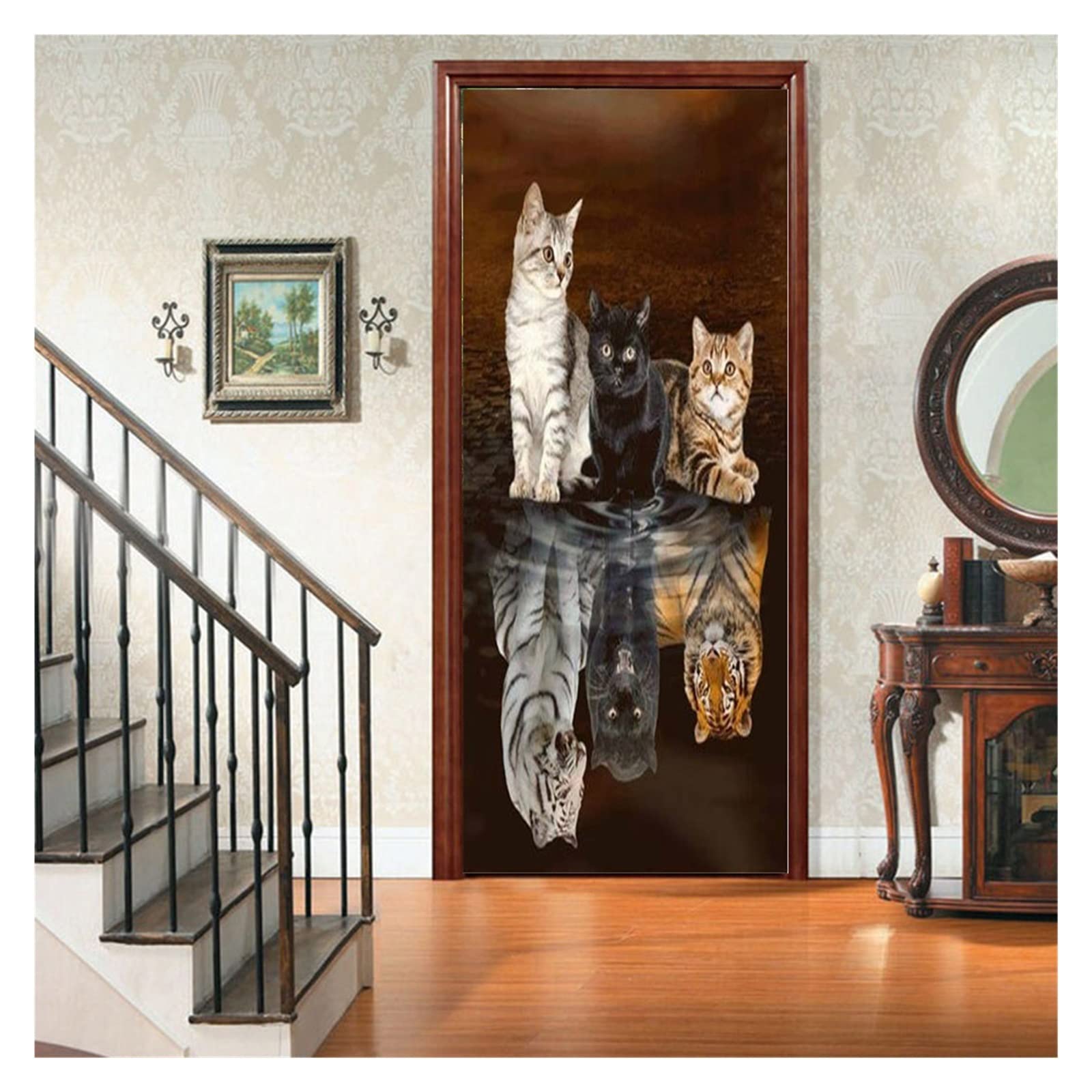 Sticker de porte chat et tigre 3D pour décoration murale de salon