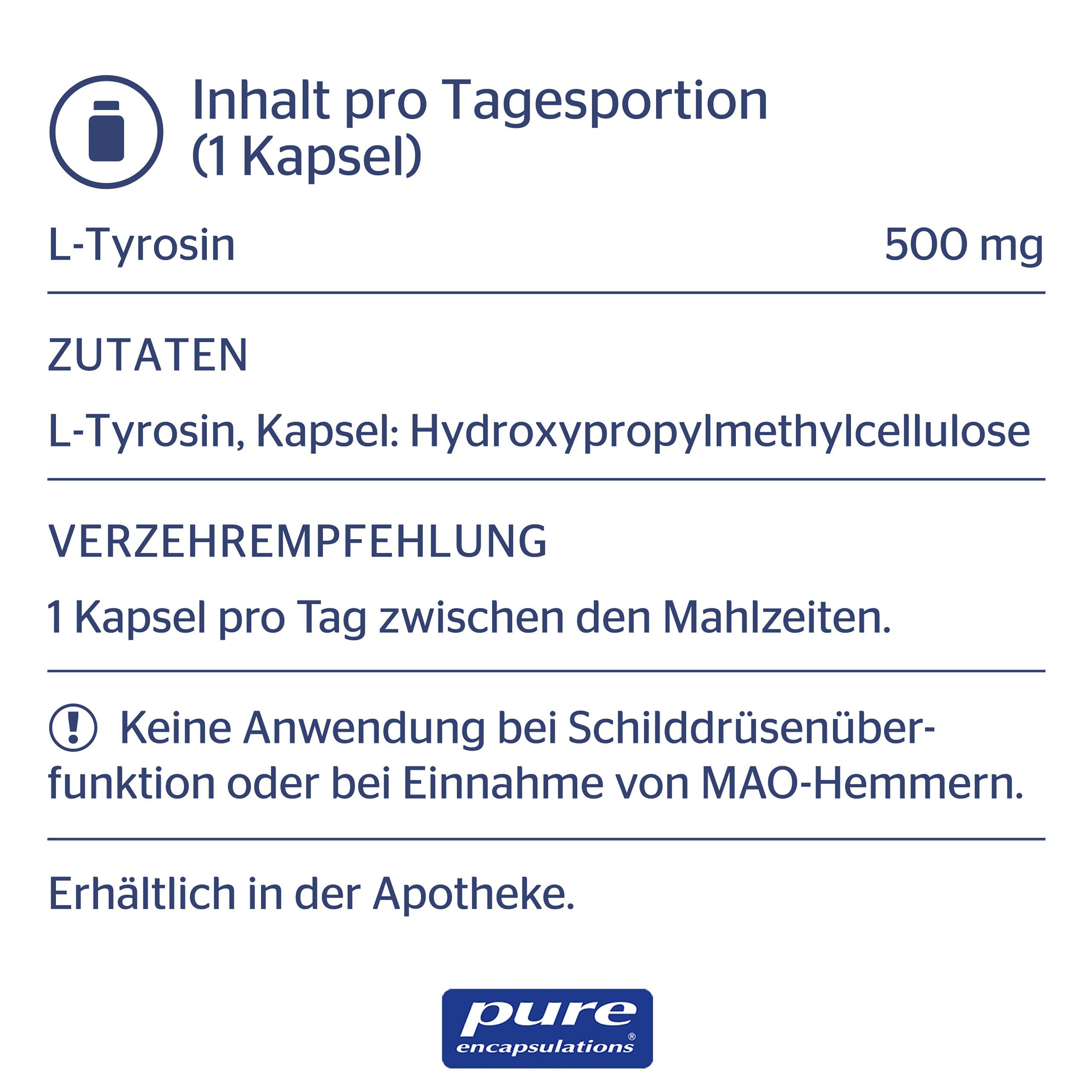 Pure Encapsulations - L-Tyrosin - 500 mg pro Kapsel, Vegan, Hochdosiert - Nahrungsergänzungsmittel mit Aminosäuren - 90 Kapseln