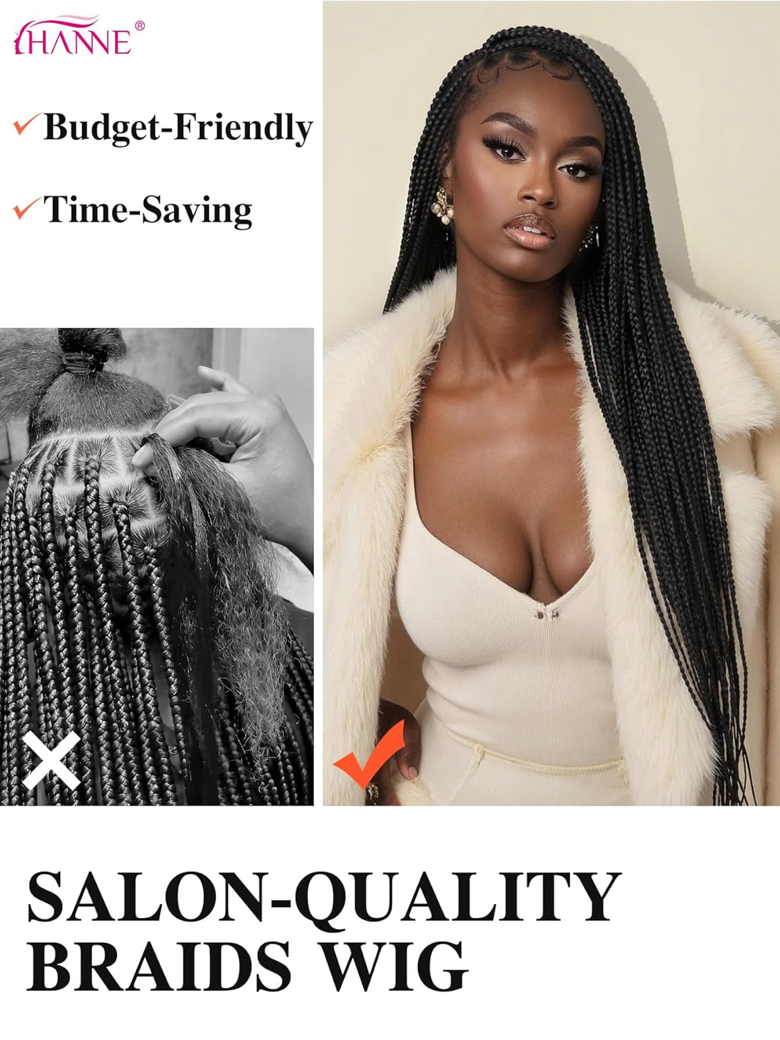 HANNE Real Full Lace Braided Wigs for Black Women 34 Inch Knotless Braided Wigs with Baby Hair 100% Handmade HD Lace Synthetic Box Braid Wig (Natural Black)