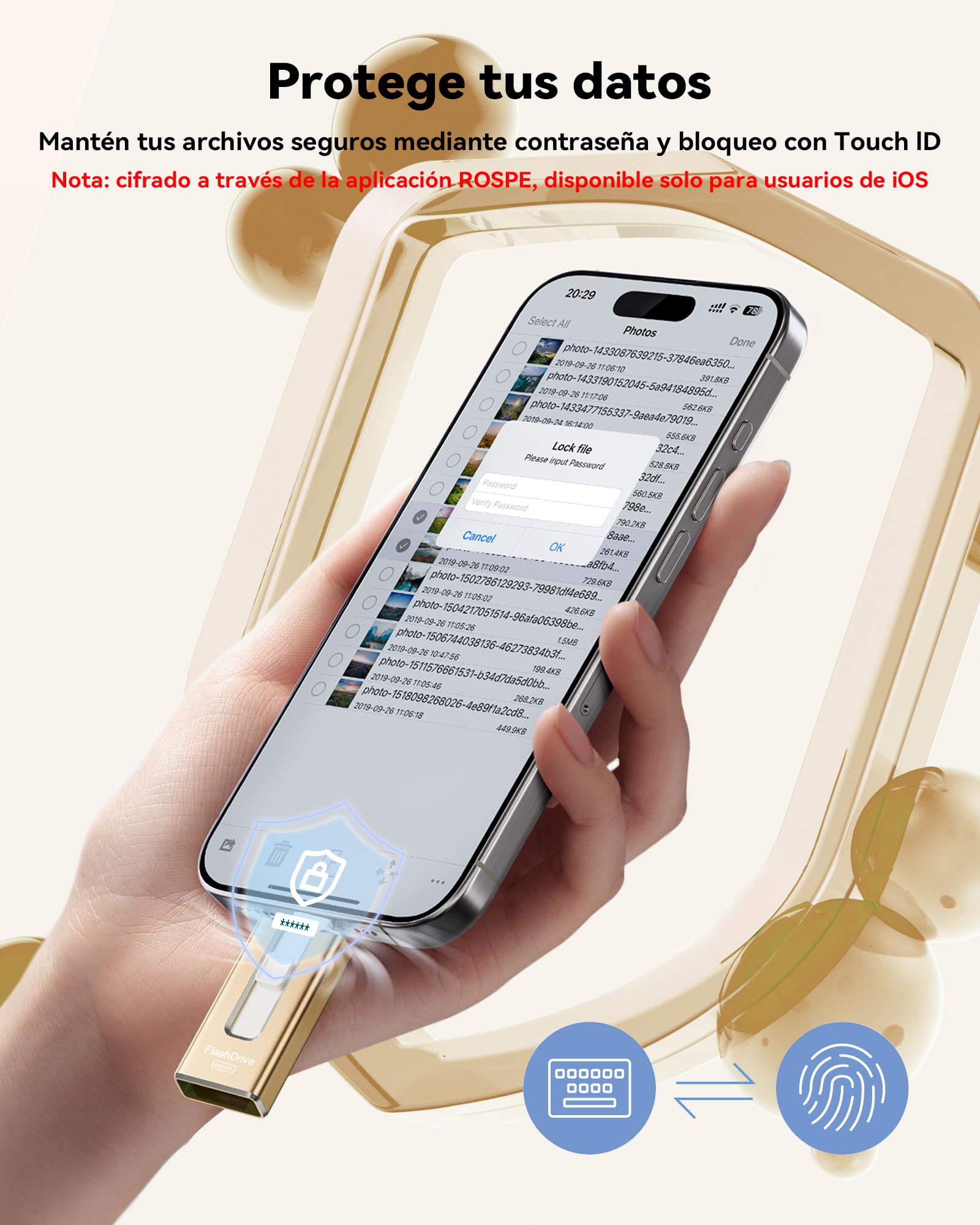 Pendrive para lPhone 32GB con Certificación MFi, Memoria USB 3.0 3 en 1,Amarillo Dorado - 5