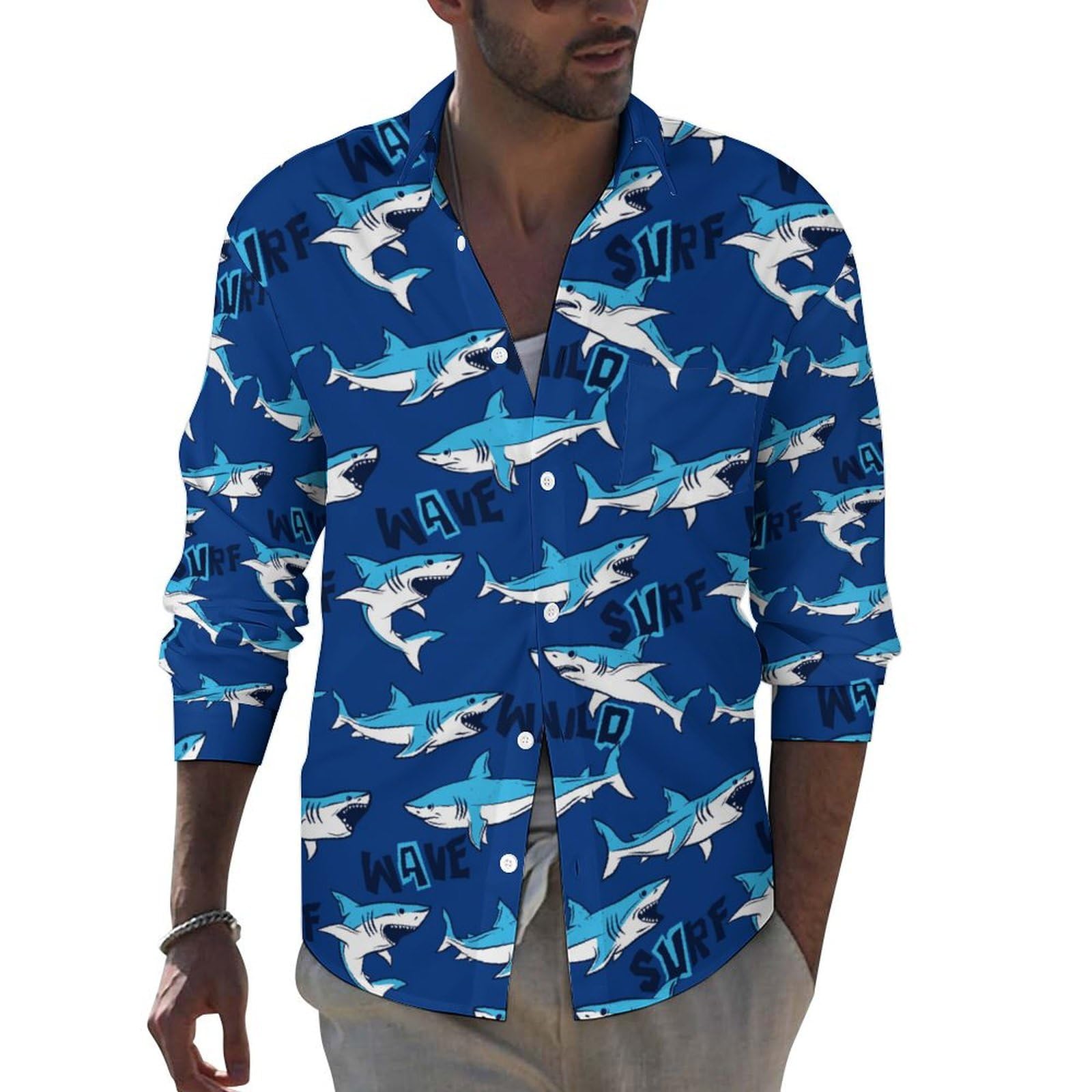 Amazon.co.jp: サメ柄 シャチ 海洋 魚柄 メンズ 長袖 シャツ