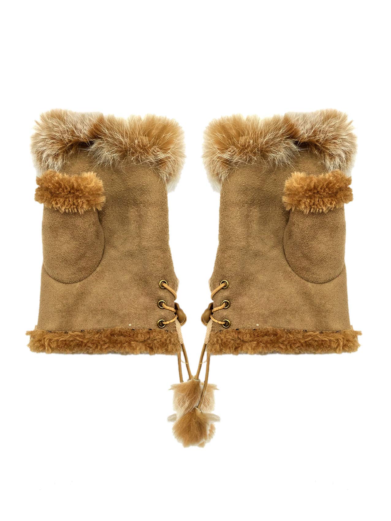 Finecy In NEW Womens Ladies Fluffy Fur Fingerless Gloves Mittens Micro Suede Fur Lined Soft Warm Winter Khaki