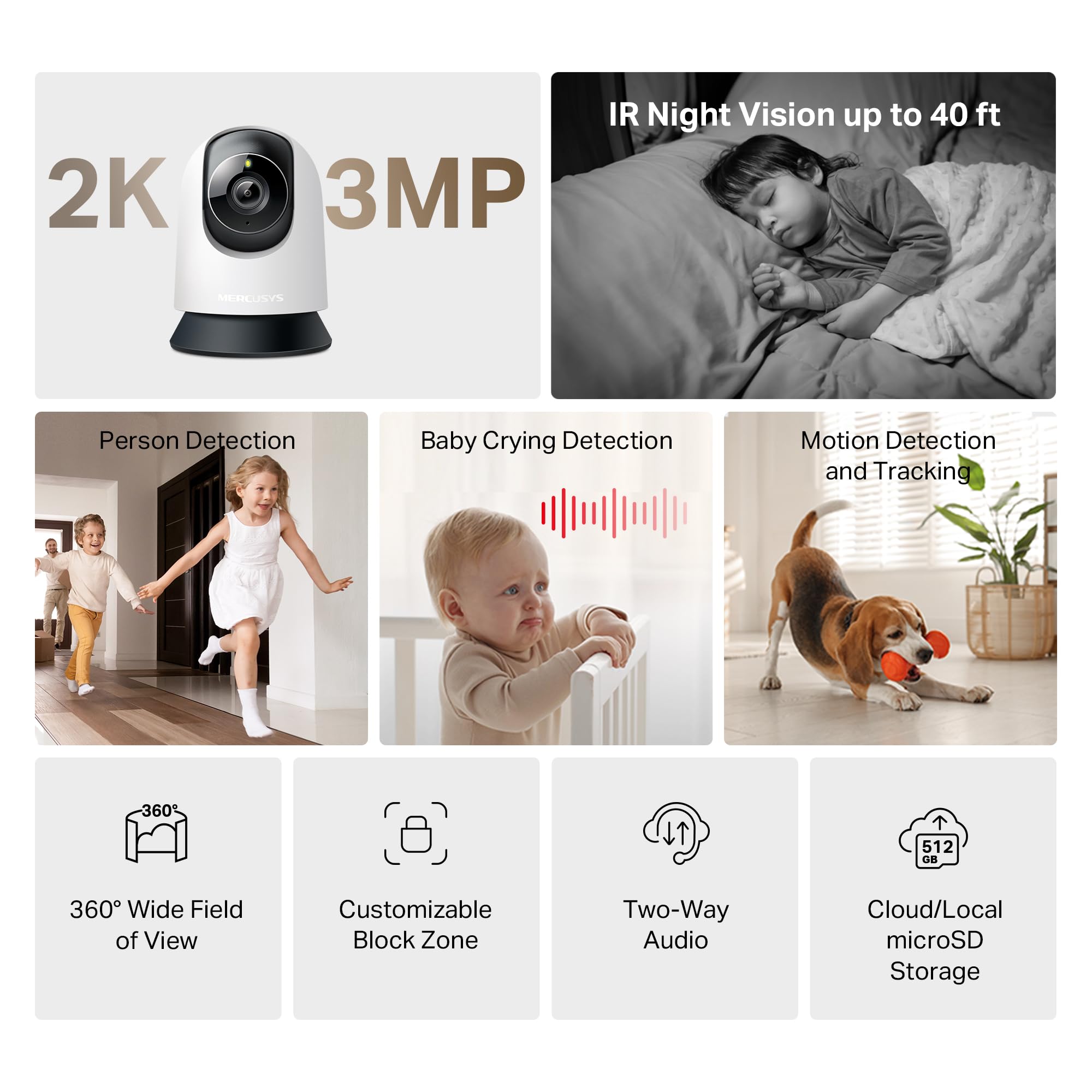 MERCUSYS MC210 2K 3MP kamera do monitoringu wewnątrz 360°, Wi-Fi 2,4 GHz, noktowizor, dwukierunkowe audio, rozpoznawanie AI, kompatybilna z Alexa, karta micro SD do 512 GB