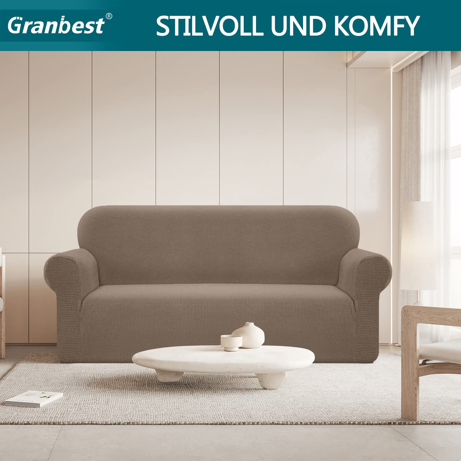 Granbest Copridivano elasticizzato, impermeabile, 1 pezzo, in spandex, jacquard, con gommapiuma antiscivolo (3 posti, cammello)